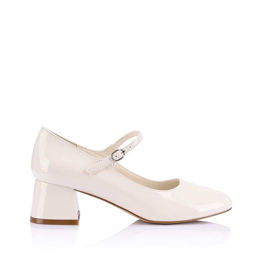Kenna Mary Jane Block Heels Women's Shoes - Bone White Patent Leather Chunky Heel Pumps for Work, Office & Wedding | Comfortable Dress Shoes for Women