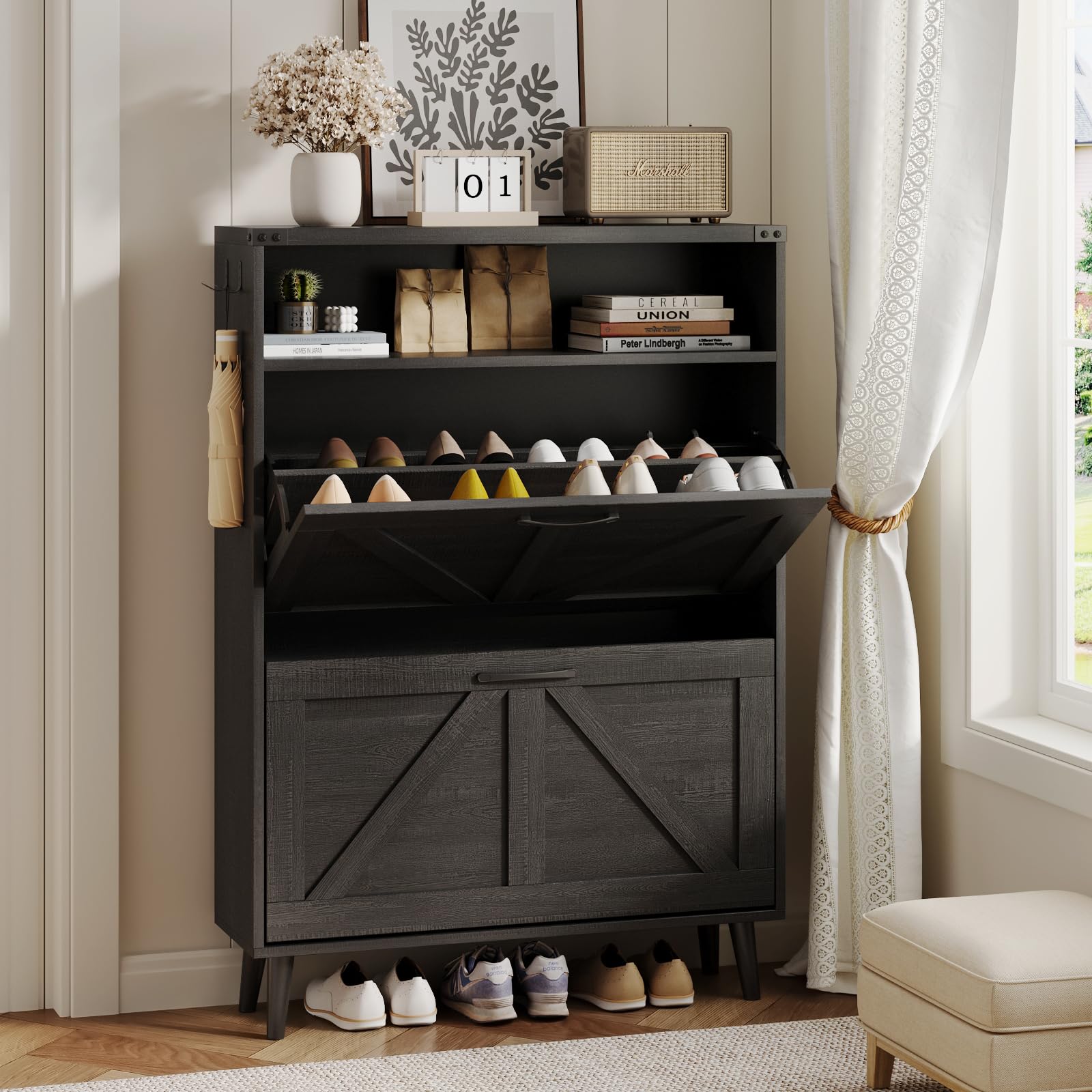 2-Tier Flip-Door Shoe Storage Cabinet - Freestanding Entryway Organizer with Open Shelves & Farmhouse Style Legs - Space-Saving Narrow Shoe Rack for Hallway, Closet or Bedroom (Black)