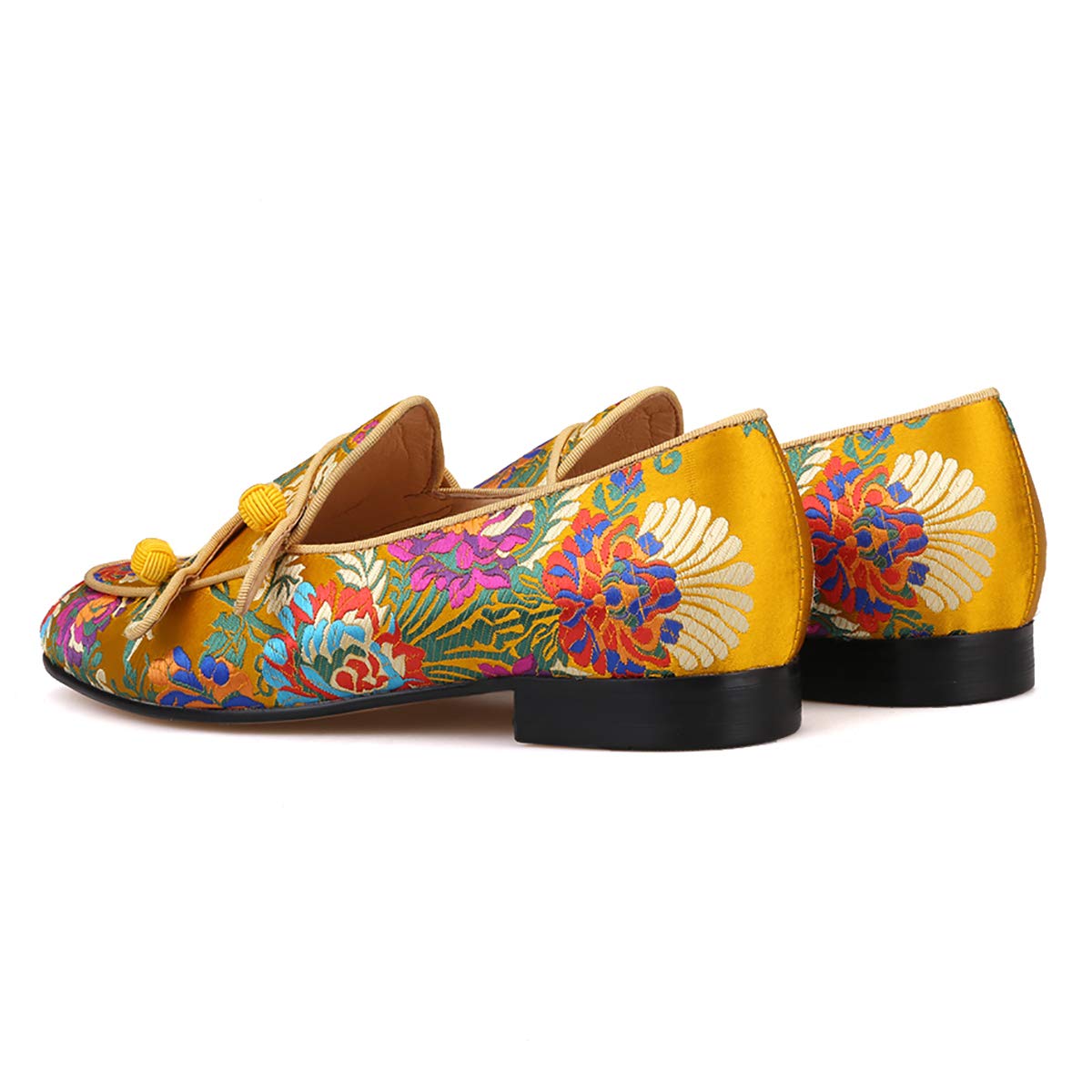 HI&HANN Men's Silk Loafers - Chinese Style Floral Embroidered Slippers for Wedding, Party & Formal Occasions | Comfortable Smoking Shoes for Grooms & Special Events