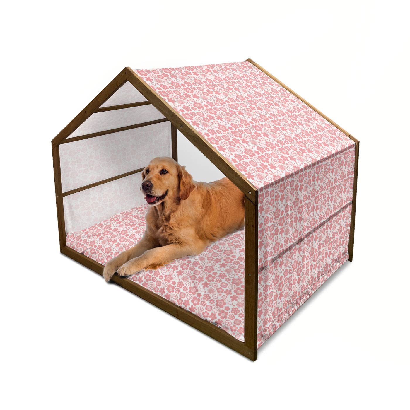Ambesonne Cherry Blossom Wooden Dog House - XL Portable Indoor/Outdoor Pet Kennel with Pillow & Cover, Spring Nature Inspired Design - Perfect for Backyard, Patio, Garden & Home Decor (Coral White)