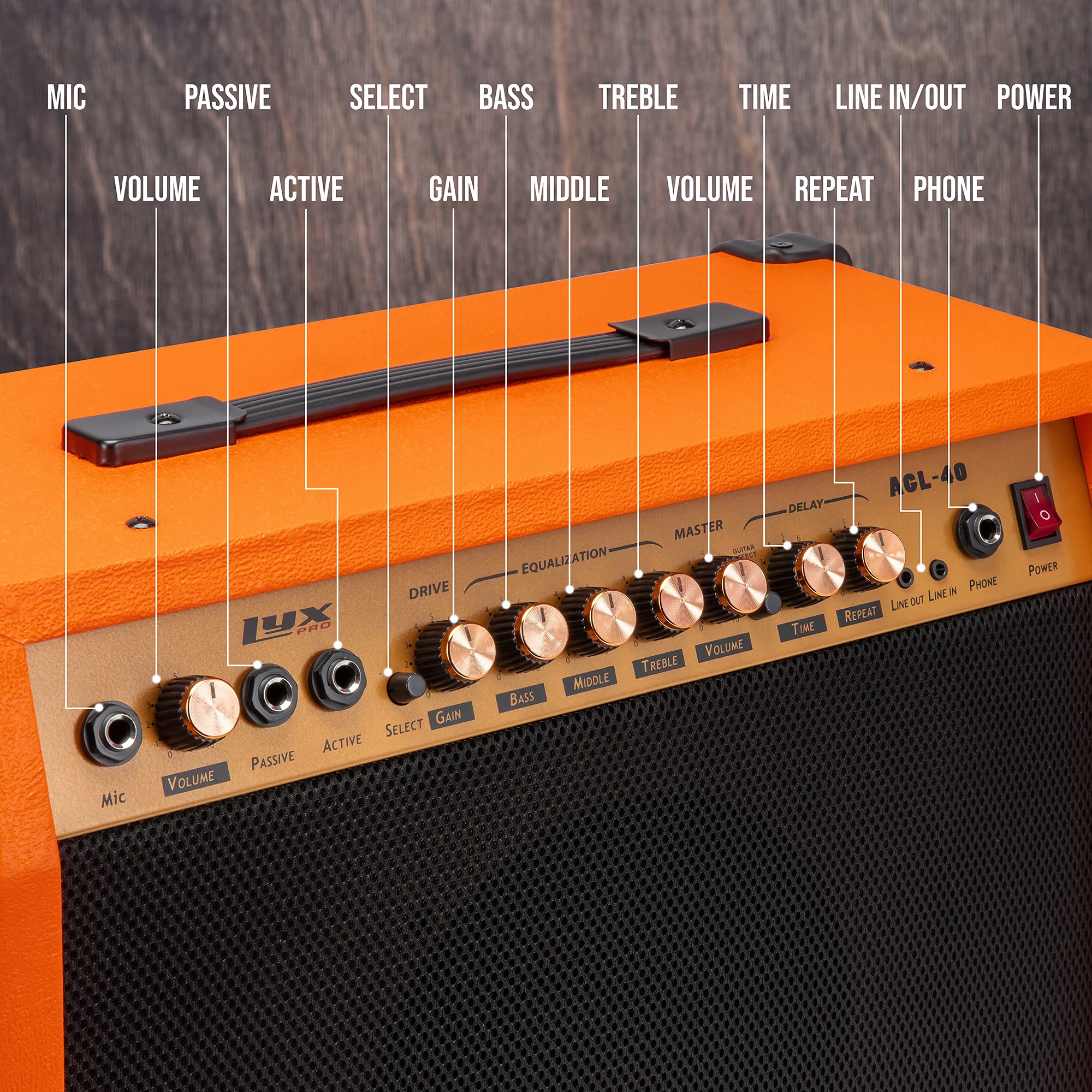 LyxPro 40 Watt Electric Guitar Amplifier | Solid State Studio Amp with 8” 4-Ohm Speaker, Custom EQ Controls, Drive, Delay, ¼” Passive/Active/Microphone Inputs, Aux in & Headphone Jack - Sunburst | Perfect for Home Practice, Studio Recording & Live Performances