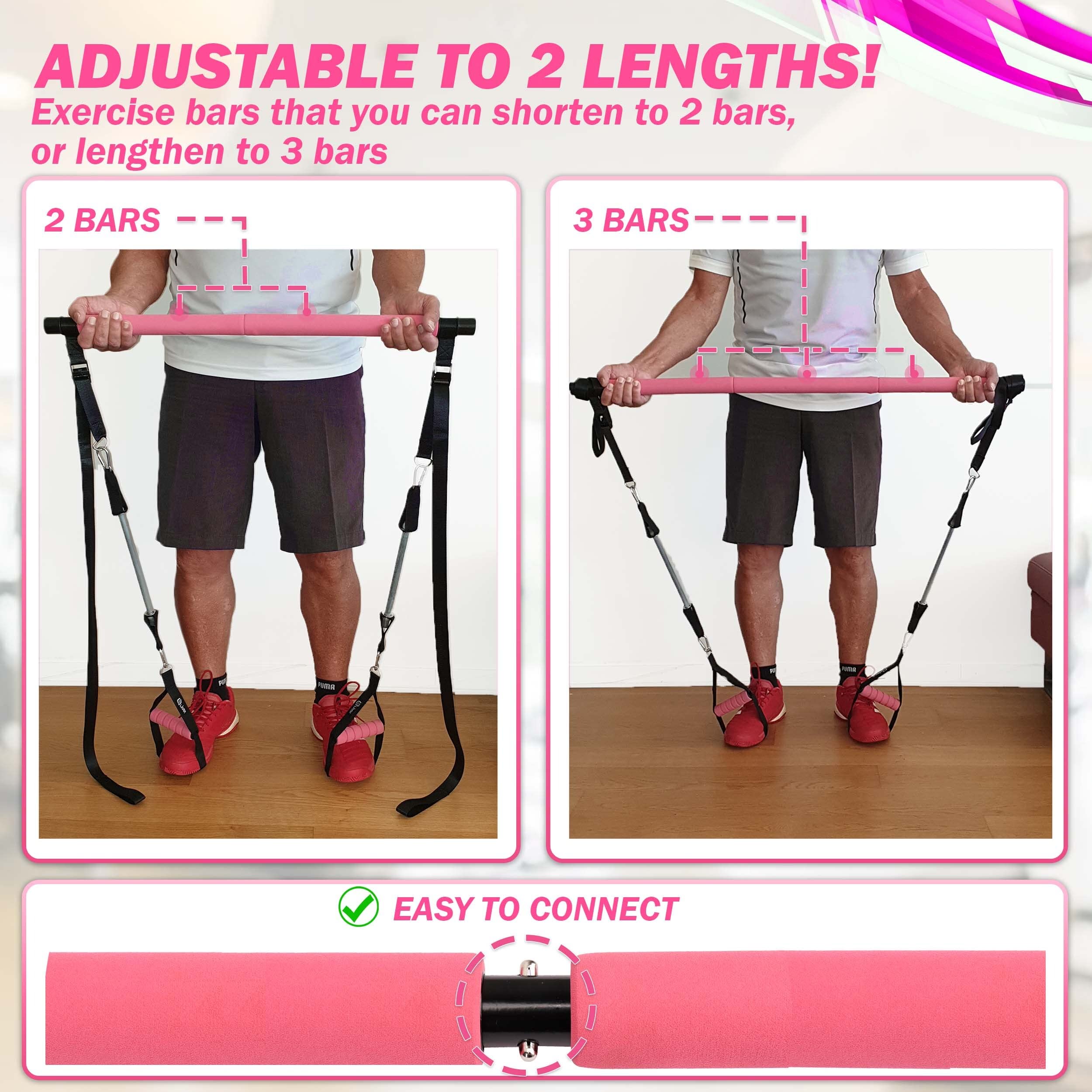 Pilates Bar Kit with Resistance Bands - 3-Section Adjustable Yoga Stick for Home Workouts - Portable Exercise Equipment for Men & Women - Full Body Toning, Stretching & Yoga Training - Perfect for Home Gym, Office & Travel Fitness