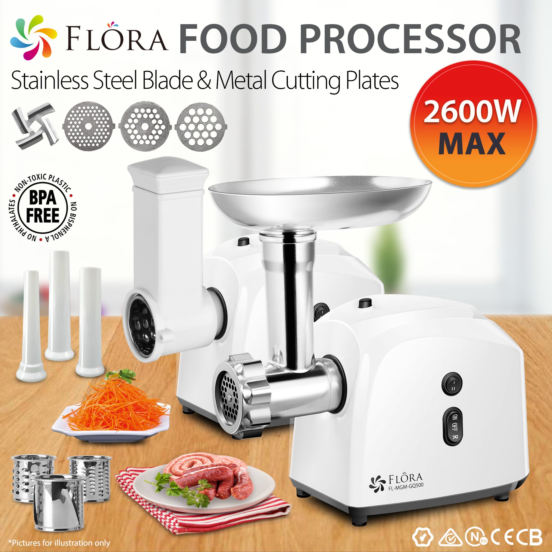 Premium Flora White Electric Meat Grinder & Slicer - 3-in-1 Mincer, Shredder & Sausage Stuffer Kit for Home Kitchen - Perfect for Ground Beef, Sausage Making & Food Prep