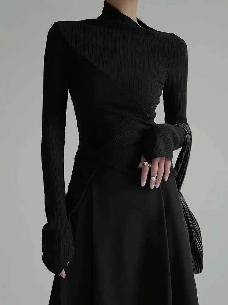 Women's Black Irregular High Elastic Knit Turtleneck Sweater Long Sleeve Pullover - Trendy Spring & Fall 2025 Fashion (1DF490) | Perfect for Office Wear, Casual Outings & Layering