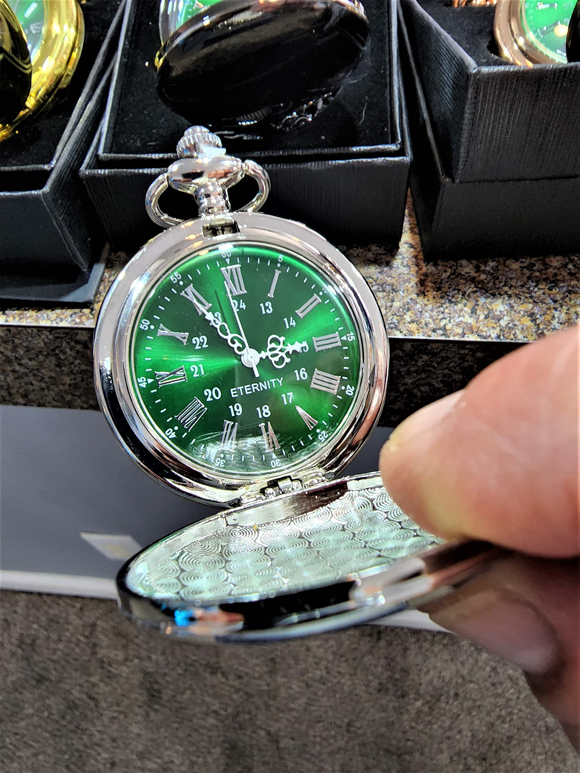 Vintage Silver Engraved Pocket Watch with Green Dial & Roman Numerals - Includes Chain, Fitted Box & Personalization - Perfect for Weddings, Anniversaries & Collectors