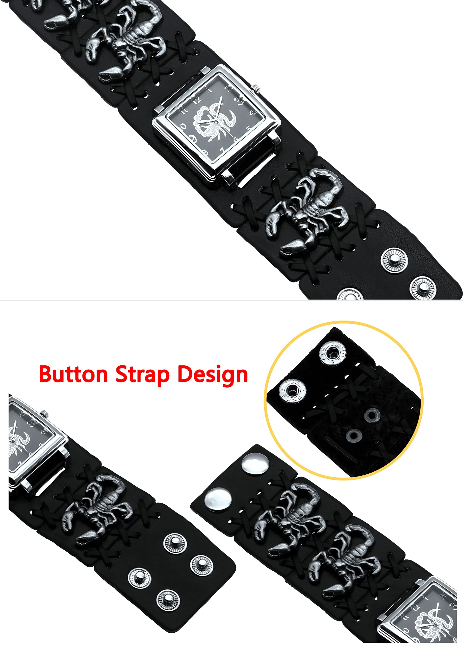 Scorpion Punk Men & Women Black Leather Cuff Band Watch - Wide Strap Rock Locomotive Fashion Timepiece for Casual Wear, Gothic Style, and Night Out Accessories