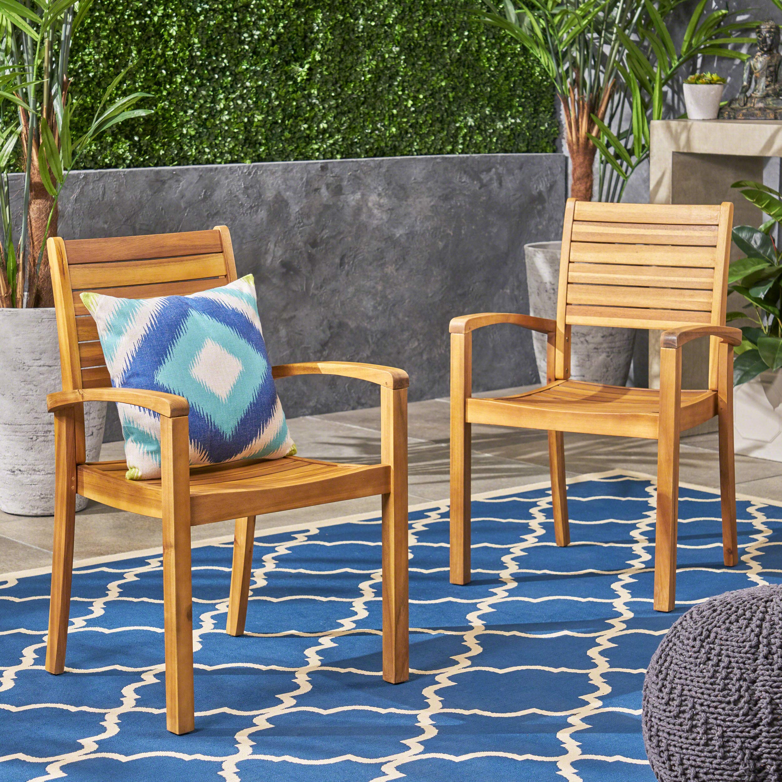 Christopher Knight Home Watts Outdoor Acacia Wood Dining Chairs, Teak Finish (Set of 2) - Patio, Garden, Poolside & Backyard Furniture for Outdoor Entertaining