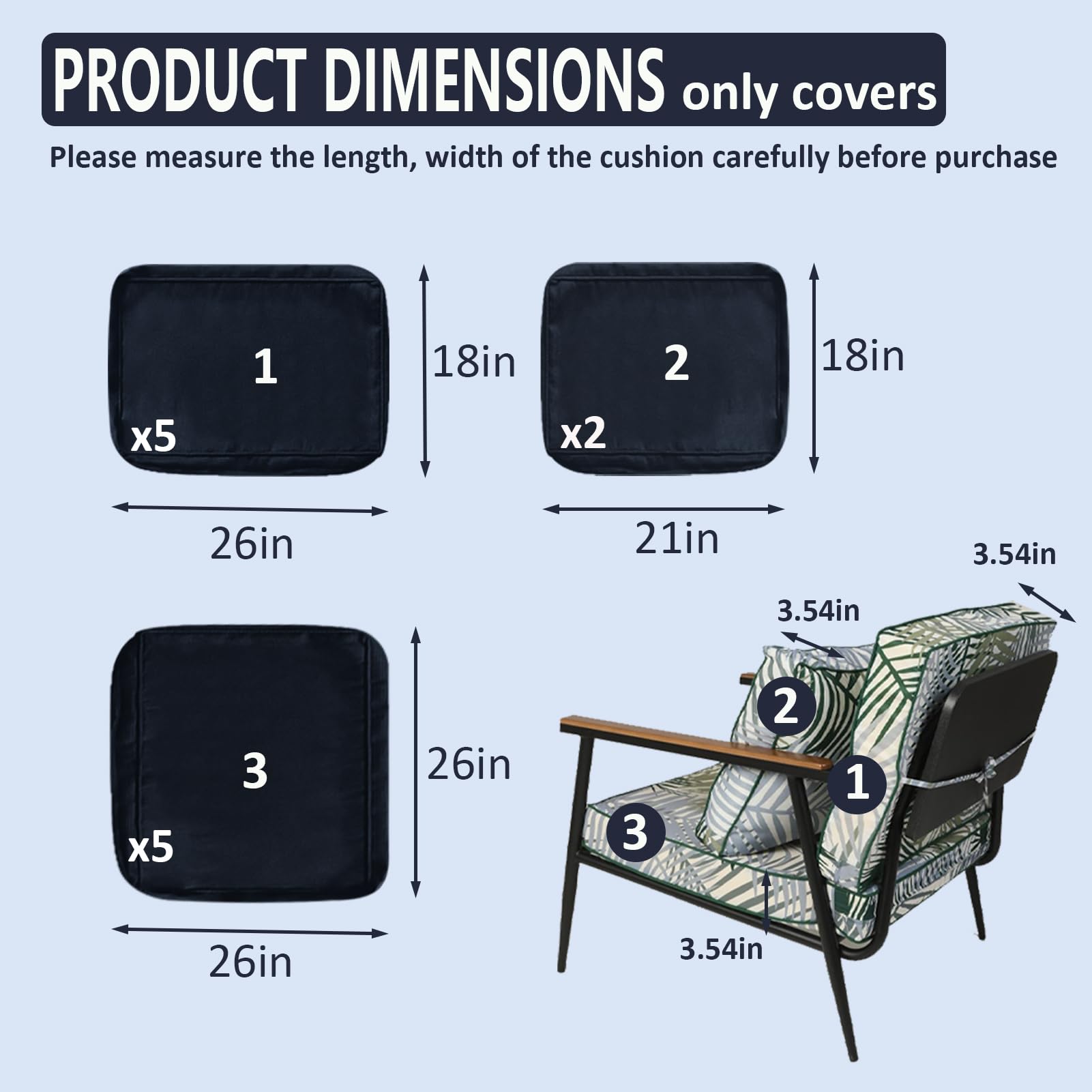 12-Piece Waterproof Outdoor Patio Cushion Covers - Navy Blue Replacement Slipcovers for Sectional Sofa & Furniture - Perfect for Backyard, Deck, Poolside & Garden Use