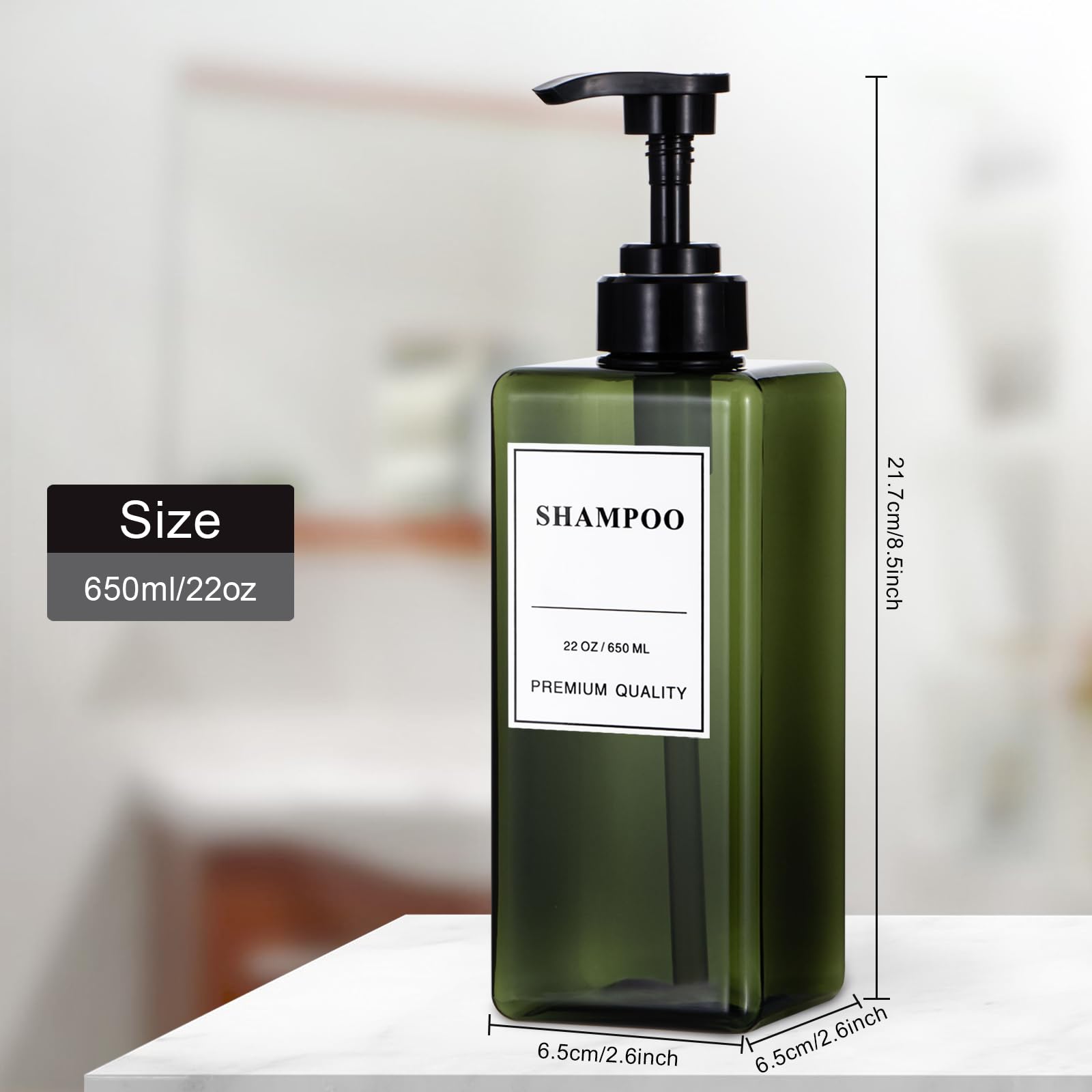 Yeeco 3 Pack 22OZ/650ML Soap Dispenser with Hand Pump - Refillable Shampoo, Conditioner & Liquid Dispenser for Bathroom, Hotel & Kitchen - Includes Labels for Shower Bottles (Green) - Perfect for Home, Salon & Travel Organization