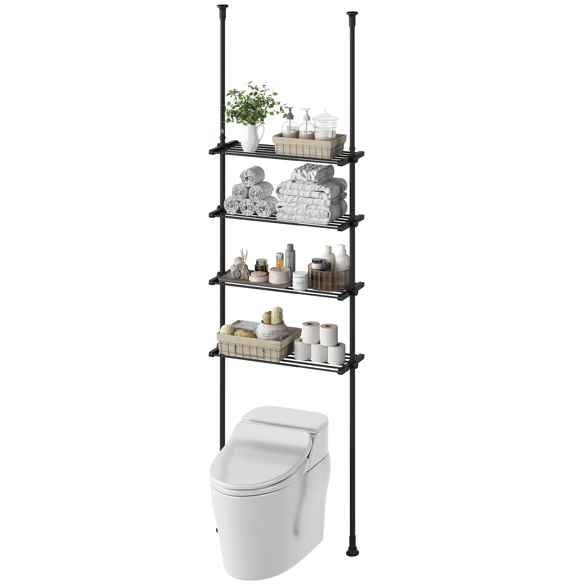 DYN Ptah 4-Tier Over Toilet Bathroom Organizer - Adjustable Floor to Ceiling Storage Rack with Tension Poles & Shelves - Metal Black - Perfect for Small Bathrooms, Apartments & Space-Saving Storage