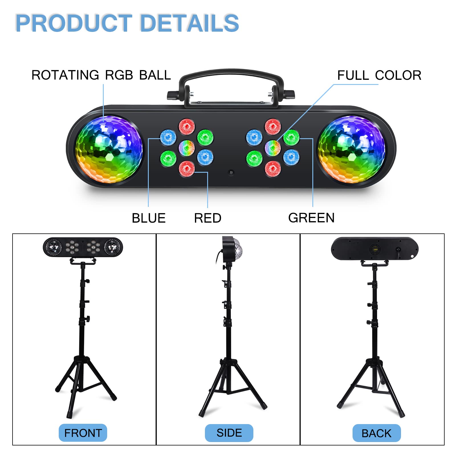 Telbum DJ Party Lights with Stand - Sound Activated RGB LED Par Lights for Stage, Mobile Bar, Band, Disco, Wedding & Holiday Events - Perfect for Halloween, Christmas & Nightclub Lighting
