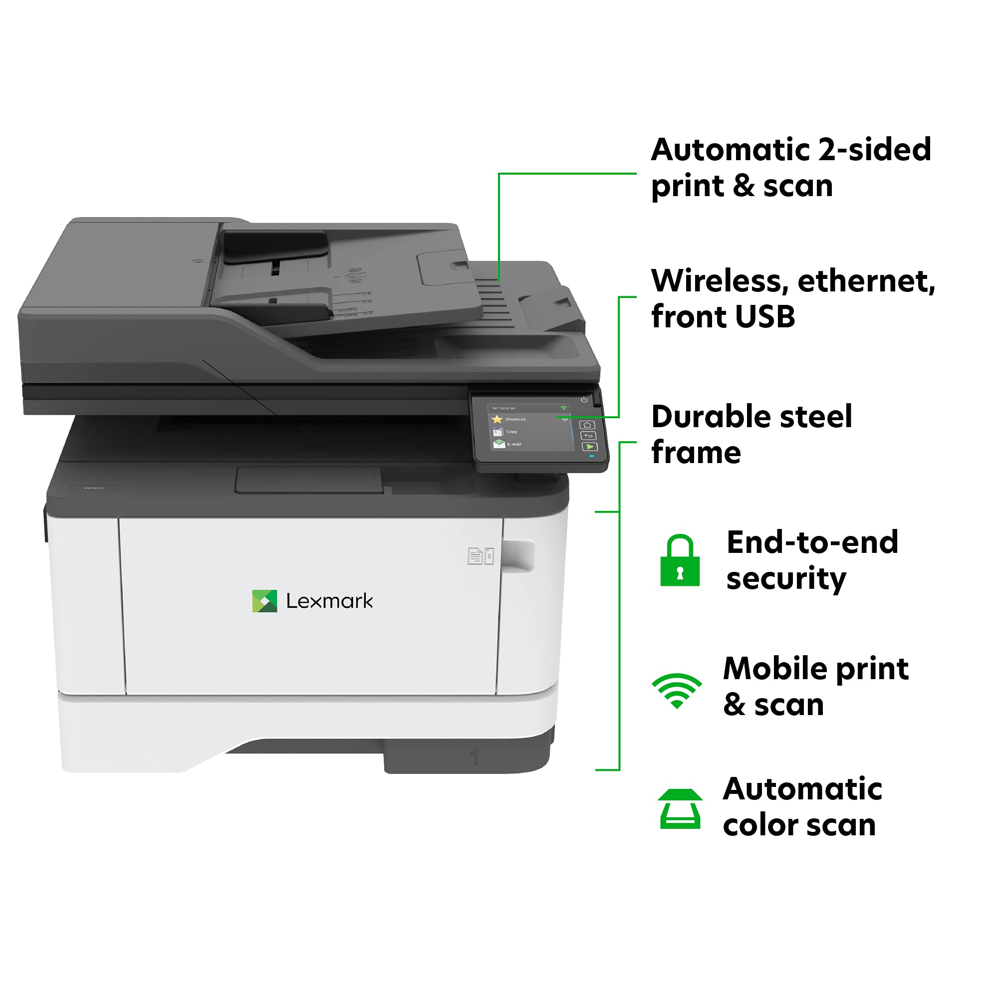 Lexmark MX431adw Wireless Laser Monochrome All-in-One Printer - Copy, Scan, Fax, Auto Duplex Printing, Touchscreen Display - Perfect for Home Office & Small Business Productivity (29S0500)