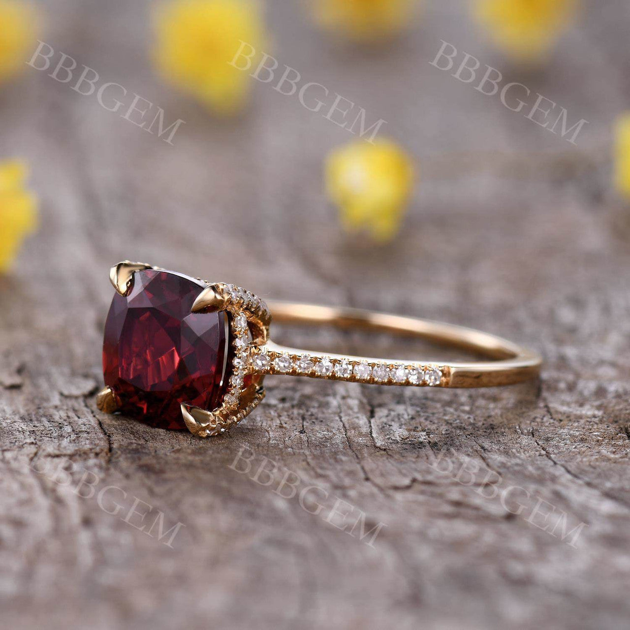2.5 Carat Cushion Cut Red Garnet Promise Ring with Half Eternity Diamond Band in 14K Rose Gold - Perfect for Engagement, Anniversary & Romantic Gifts