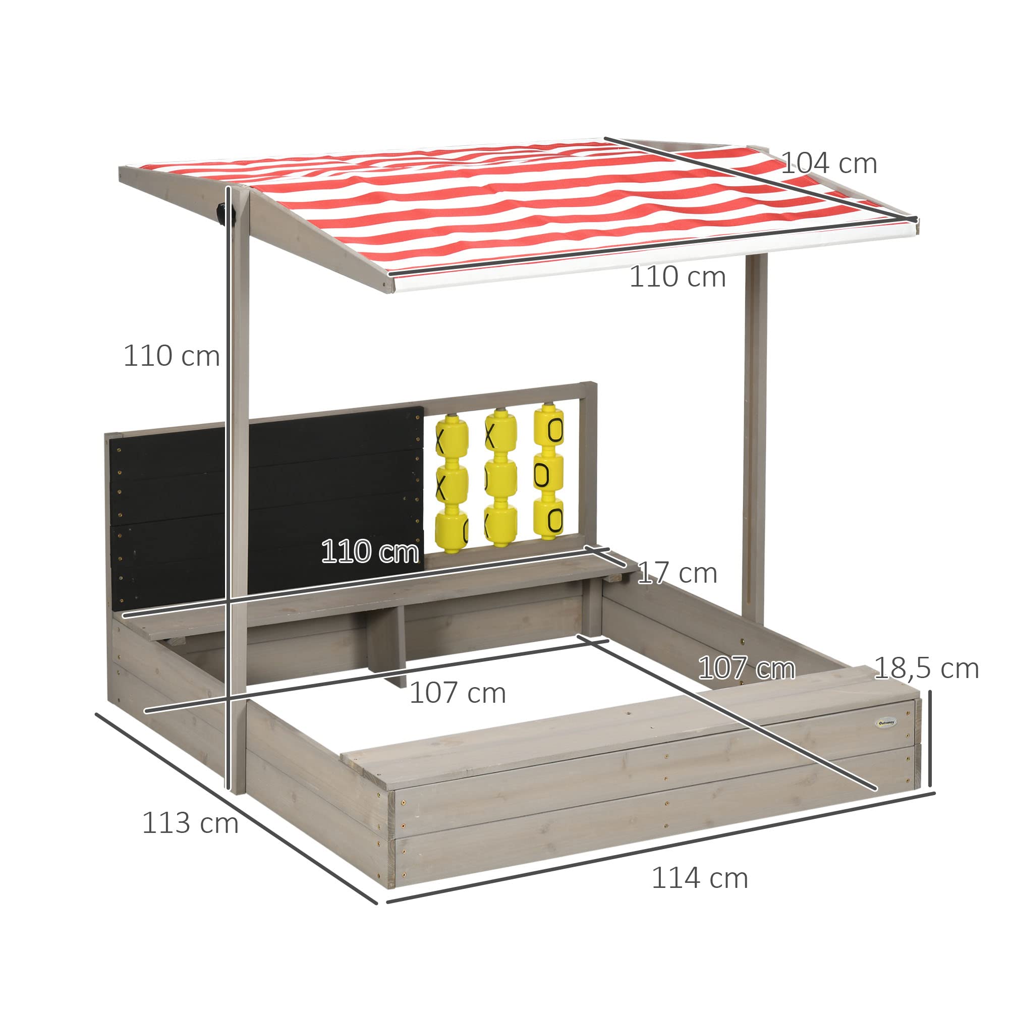 Outsunny Wooden Sandbox for Kids Ages 3-7 Years - Adjustable Non-Woven Fabric Roof, 2-Seat Bench, Chalkboard & Play Toys - 114x113x110cm Gray Sand Pit for Backyard, Garden & Outdoor Play Areas