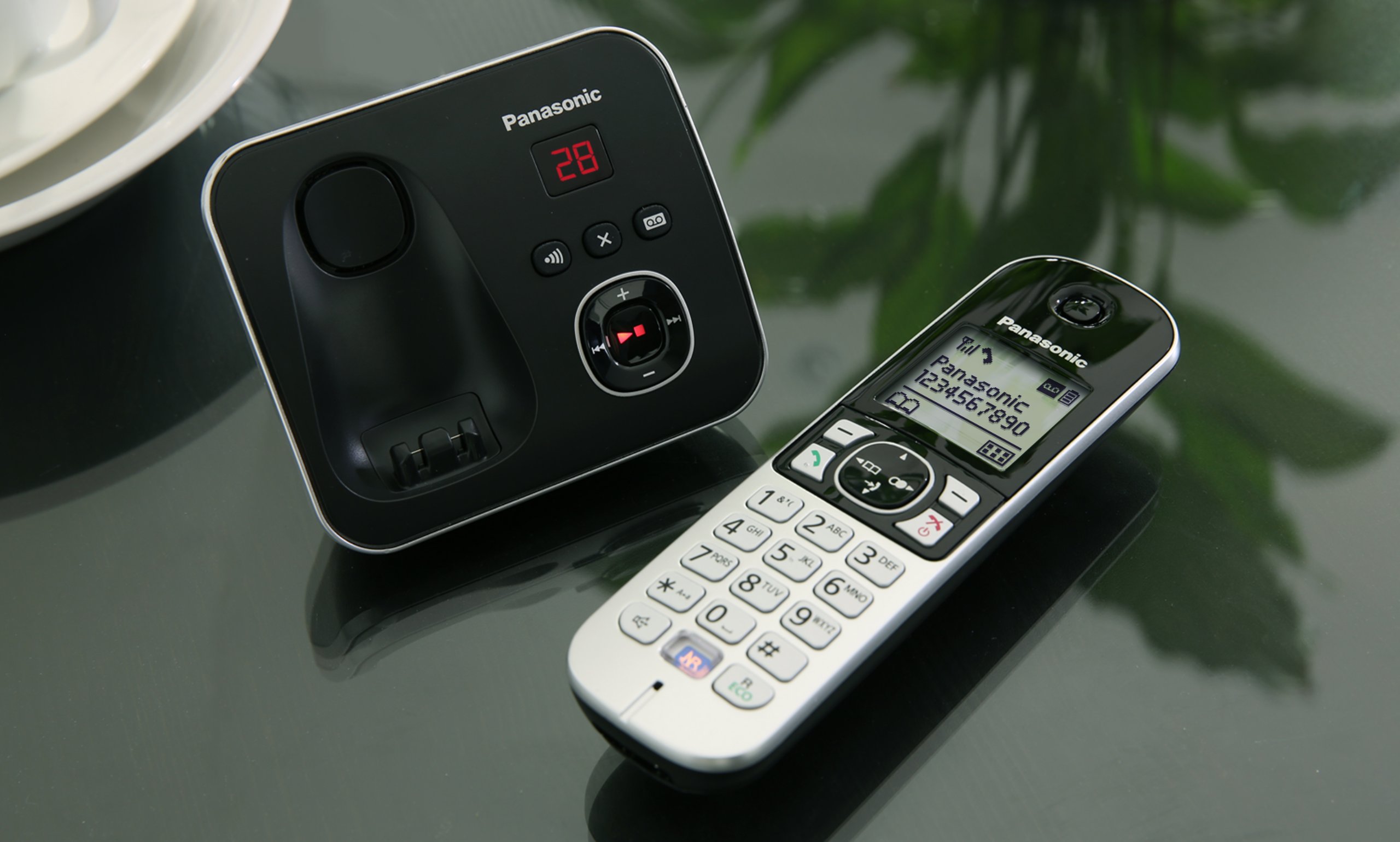 Panasonic KX-TG6824EB Quad Cordless DECT 6.0 Phone System with Answering Machine - Black/Silver - Ideal for Home & Small Business Office Use