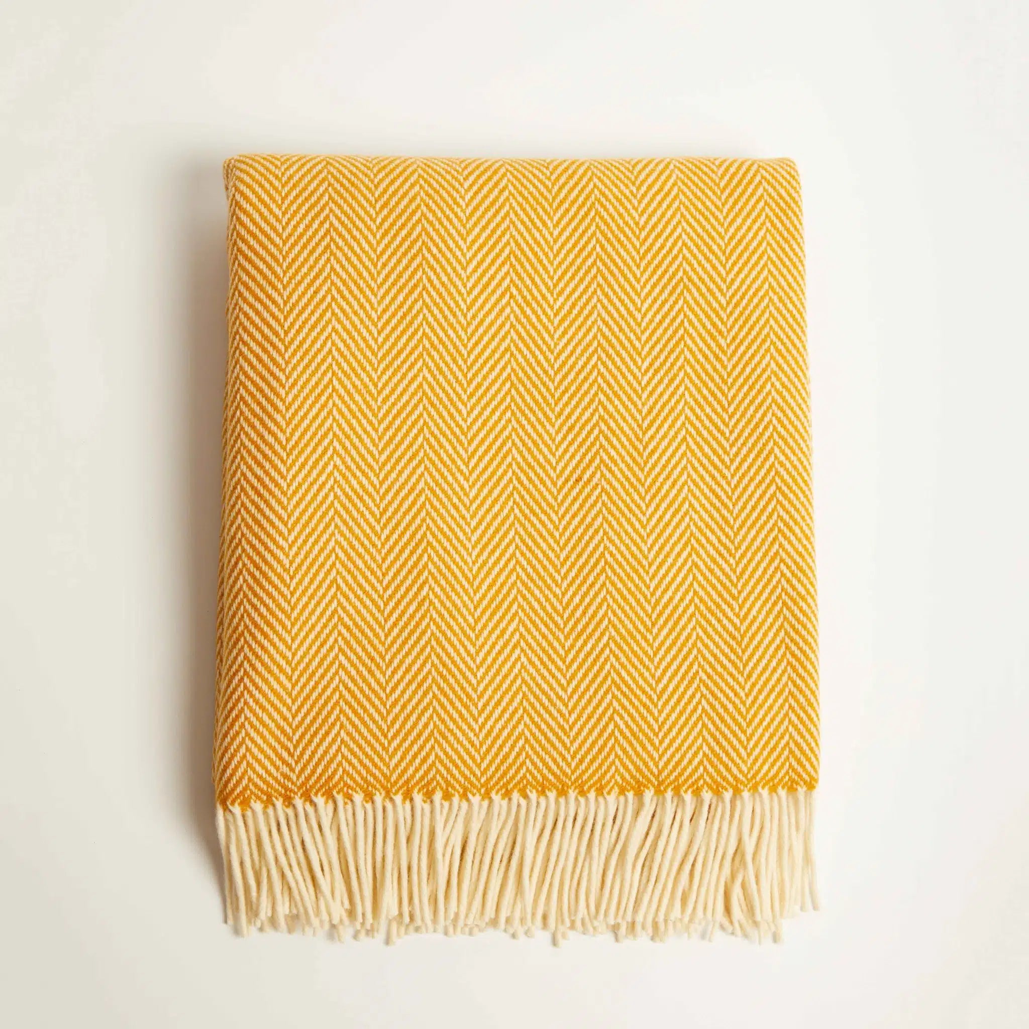 Foxford Cashmere Lambswool Throw Blanket - Soft Luxury Herringbone Pattern in Gold - Perfect for Sofa, Bed & Home Decor