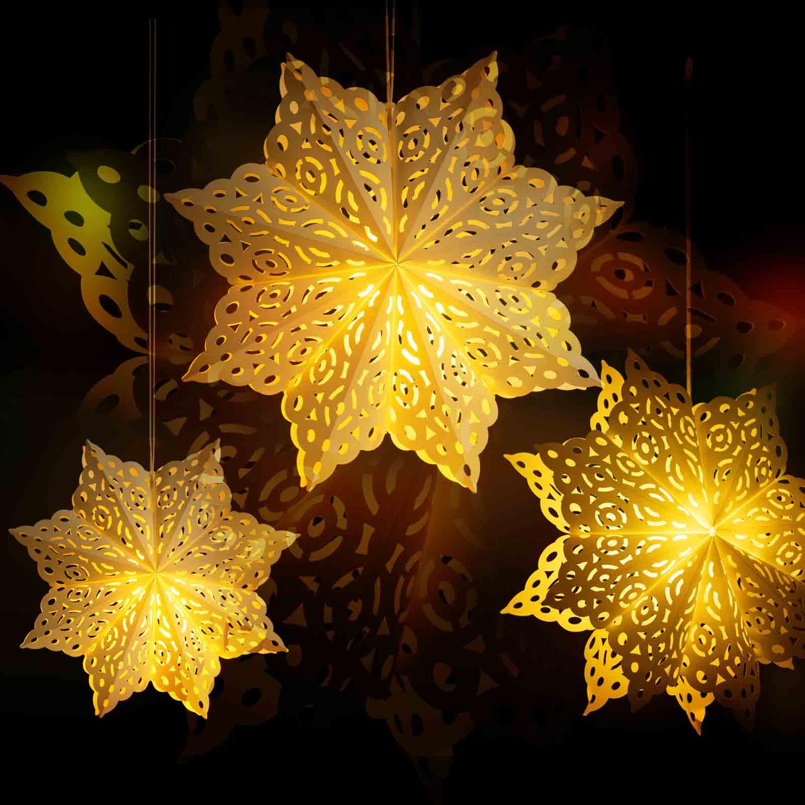 GAKA White Christmas Paper Star Lanterns - Set of 3 Snowflake Hanging Lamps for Wedding, Christmas Tree, Birthday Party & Holiday Decorations | Perfect for Indoor & Outdoor Festive Decor