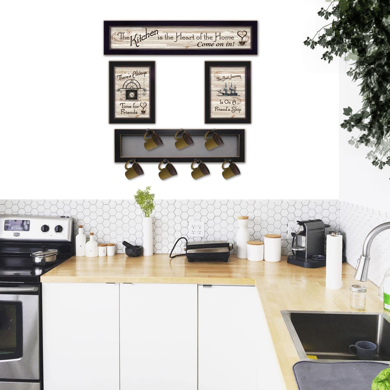 4-Piece Black Wall Mount Mug Rack Set with 7 Pegs - Kitchen Coffee Cup Organizer by Millwork Engineering - Perfect for Small Spaces, Coffee Shops & Home Decor
