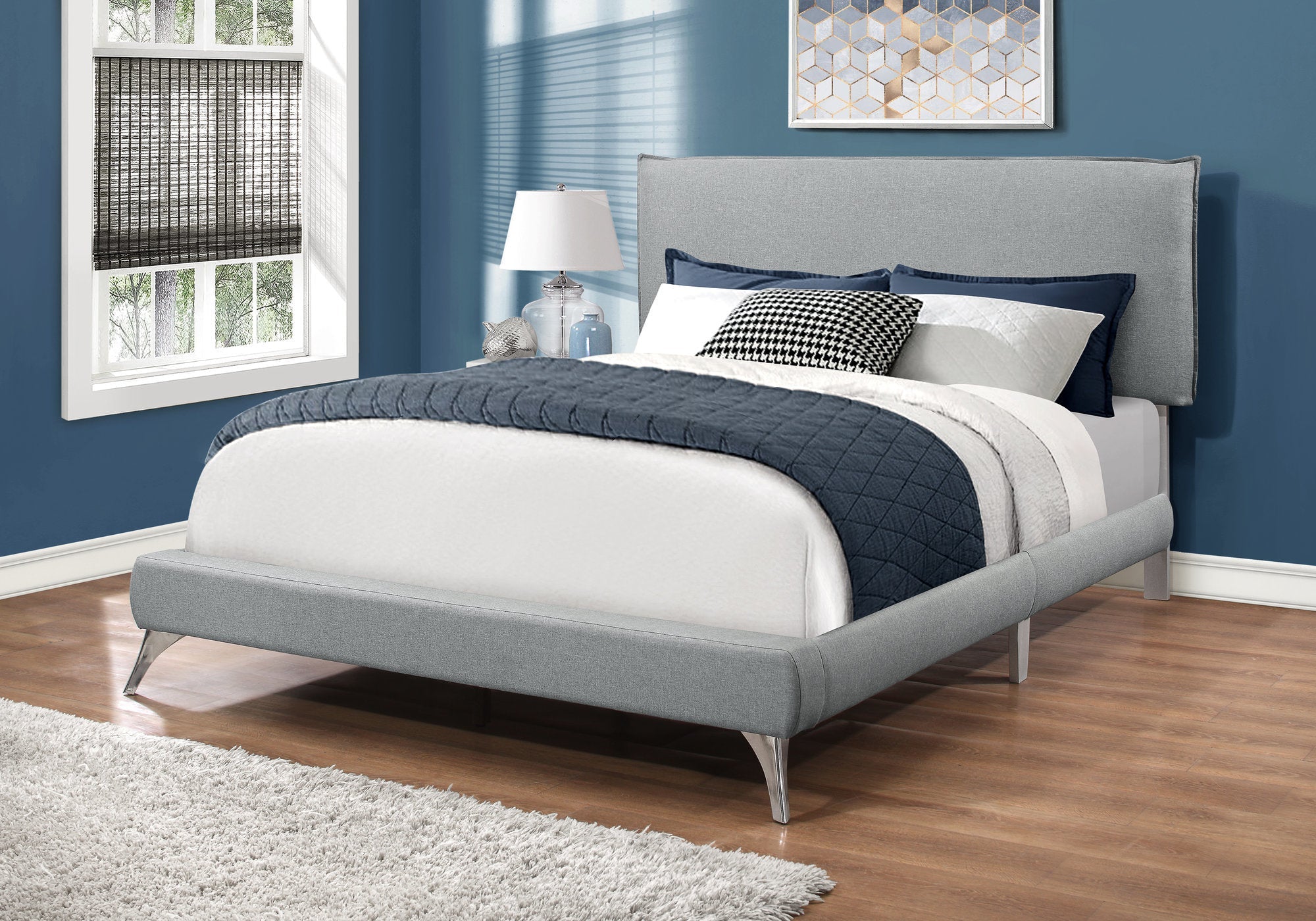 Queen Size Bed Frame with Grey Linen Upholstery & Chrome Legs - Modern Platform Bed for Master Bedroom, Guest Room, or Apartment
