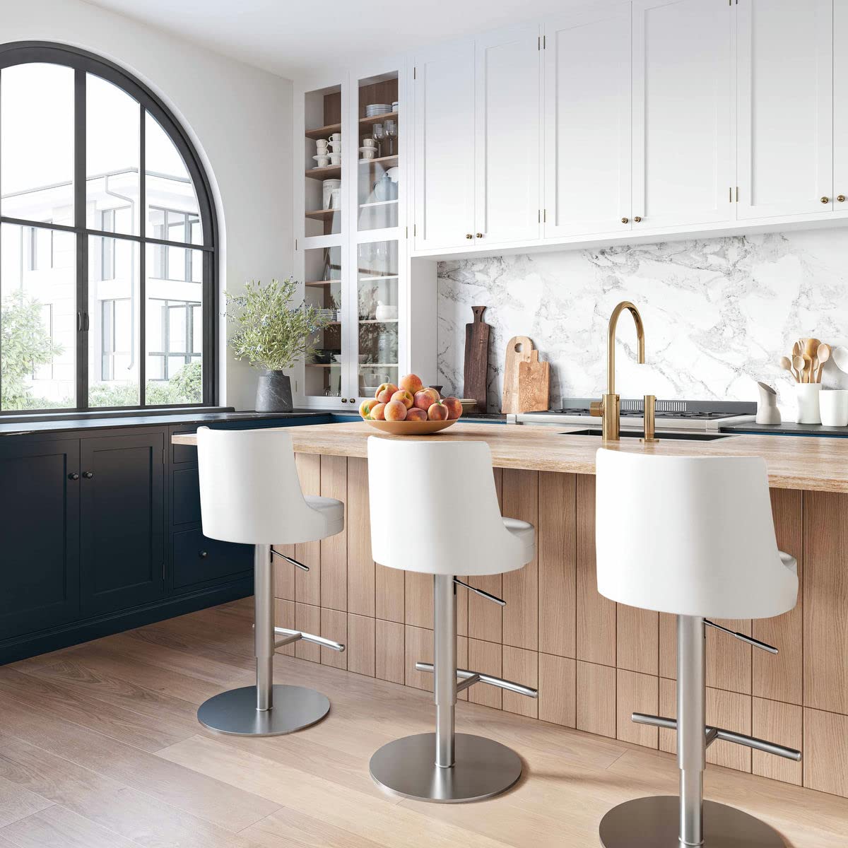 TOV Furniture Reagan White and Silver Vegan Leather Adjustable Bar Stool - Modern Kitchen Island & Home Bar Seating for Dining & Entertainment Areas