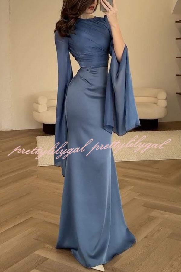 Liora Elegant Ruched Organza & Satin Patchwork Long Bell Sleeve Maxi Dress with Slit | Formal Evening Gown for Weddings, Prom & Special Occasions