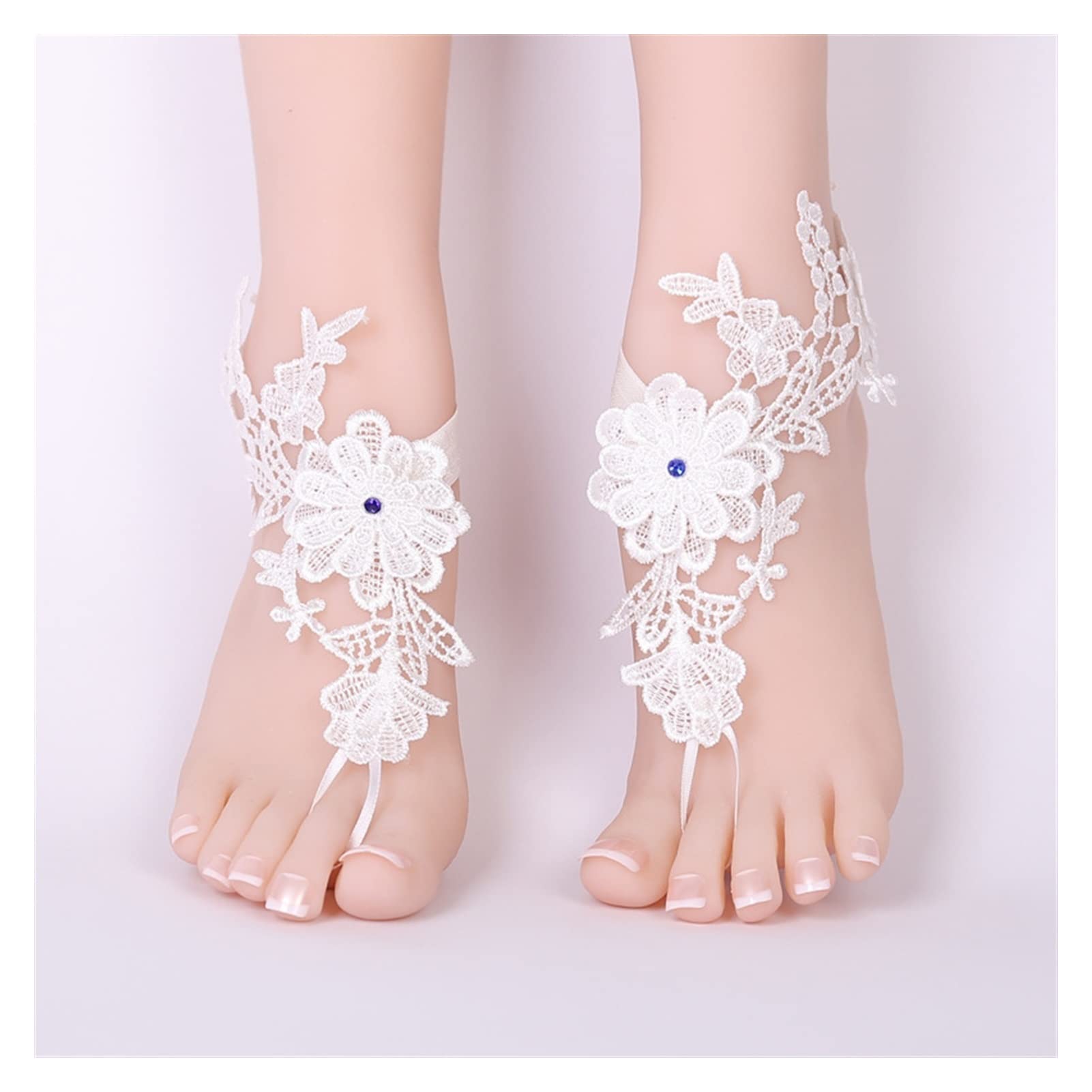 White Lace Embroidered Ankle Bracelet for Women - Adjustable Barefoot Jewelry - One Size Fits 36-40 - Perfect for Beach Weddings, Summer Vacations & Boho Fashion