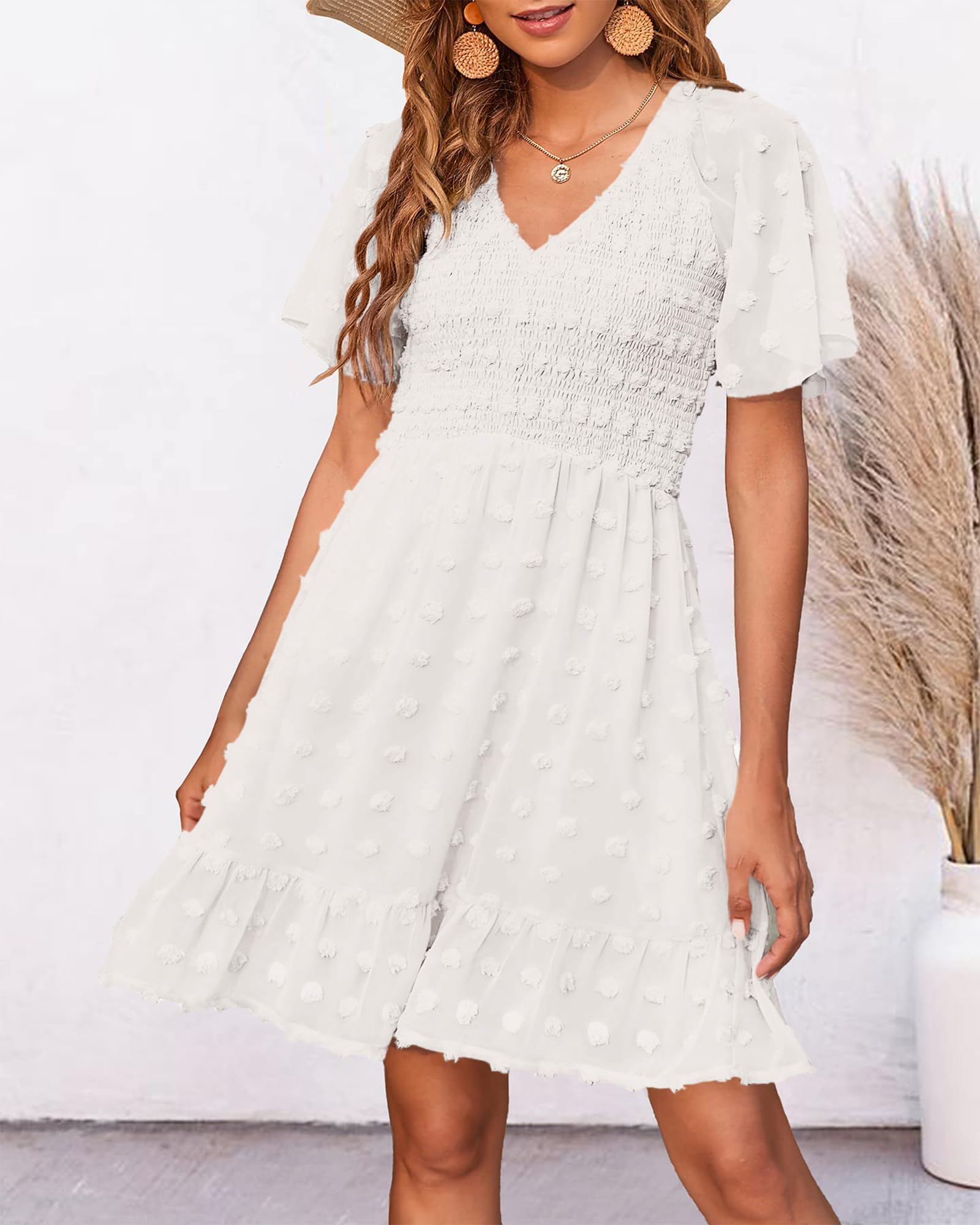 BTFBM Women's V-Neck Casual Summer Dress - Short Sleeve Smocked Swiss Dot Swing Ruffle Mini Dress for Beach Vacation 2025 | Perfect for Tropical Getaways, Pool Parties & Summer Outings