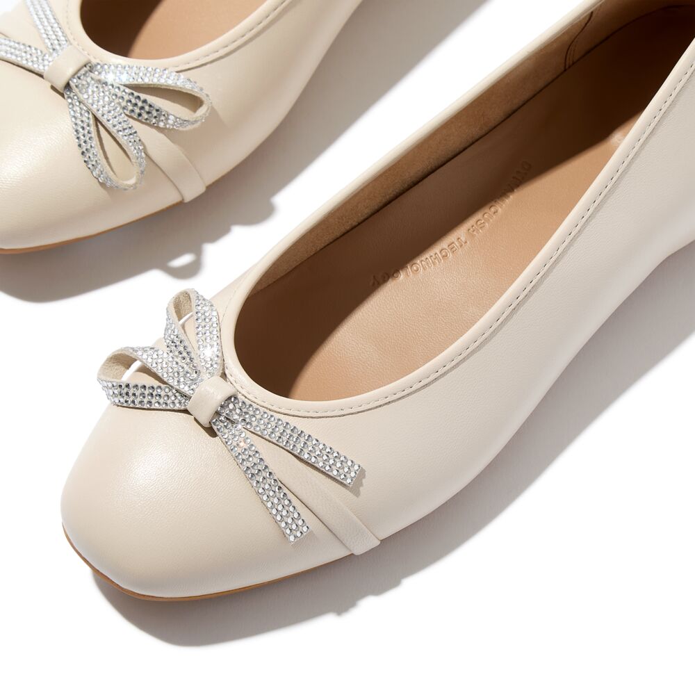 FitFlop Delicato Glitz Bow Leather Ballet Flats for Women - Comfortable & Stylish Paris Beige Shoes | Perfect for Work, Travel & Casual Outfits