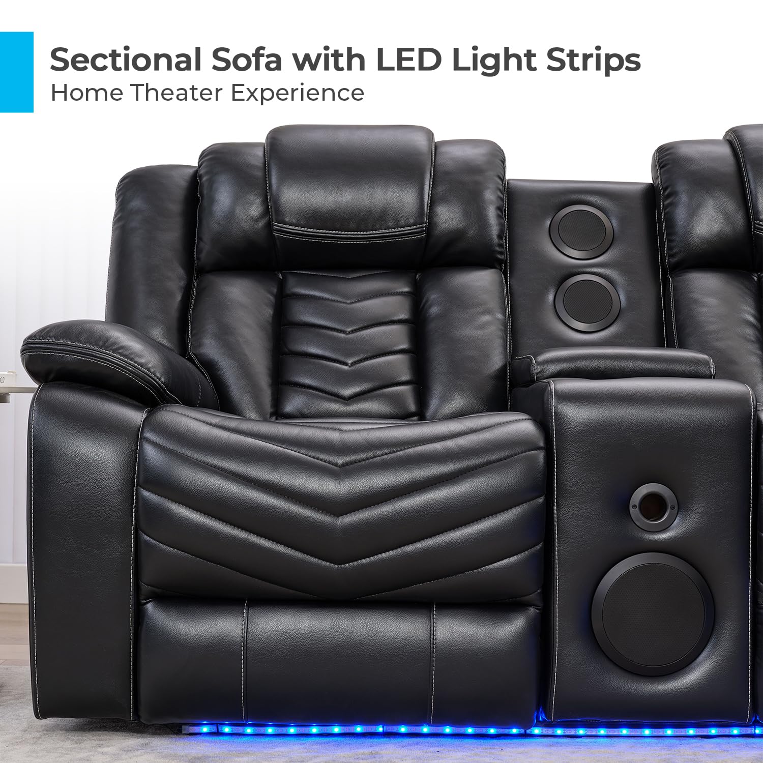 Electric Power Recliner Sectional Sofa Set with Built-in Bass Speakers & LED Lights - Faux Leather Corner Couch for Living Room - Home Theater Reclining Sofa (Black) | Perfect for Movie Nights, Gaming & Relaxation