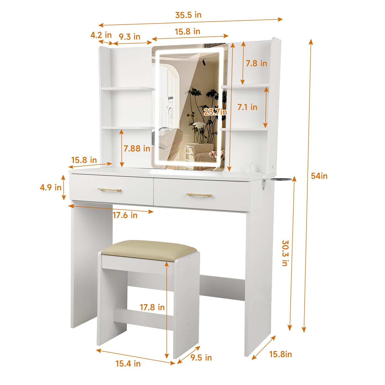 Vanity Set with LED Mirror, Stool & Power Outlet - White Dressing Table with 2 Large Drawers & Built-in Lights - Perfect for Makeup, Skincare & Hair Styling at Home