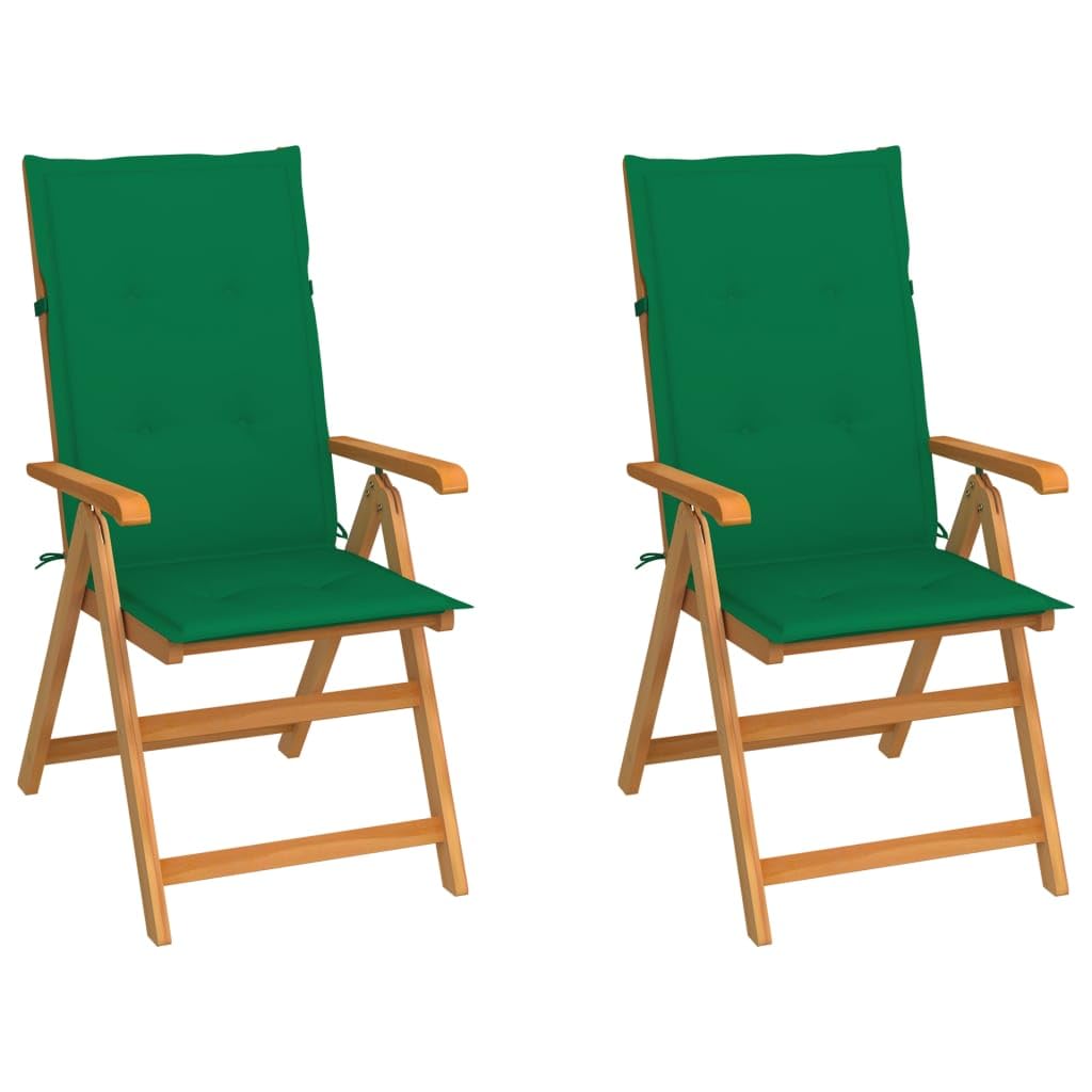 Premium Solid Teak Wood Patio Chairs Set - Adjustable Backrest with Green Cushions, Weather-Resistant & Foldable Outdoor Furniture for Garden, Poolside, and Backyard Relaxation