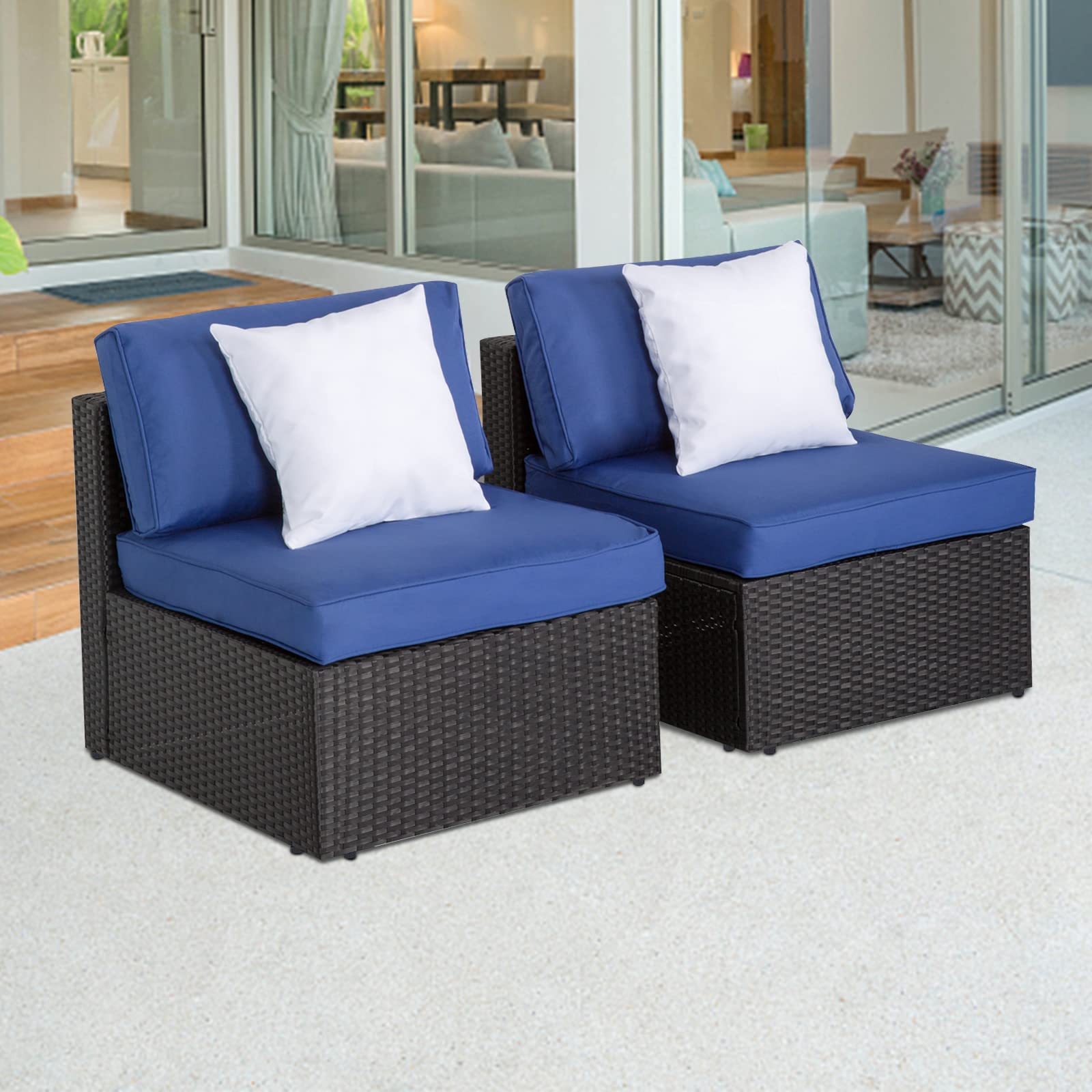 Outdoor Patio Furniture 2-Piece PE Rattan Sofa Set - All-Weather Armless Chairs with Washable Cushions & 2 Pillows - Perfect for Garden, Poolside, Backyard & Outdoor Conversations