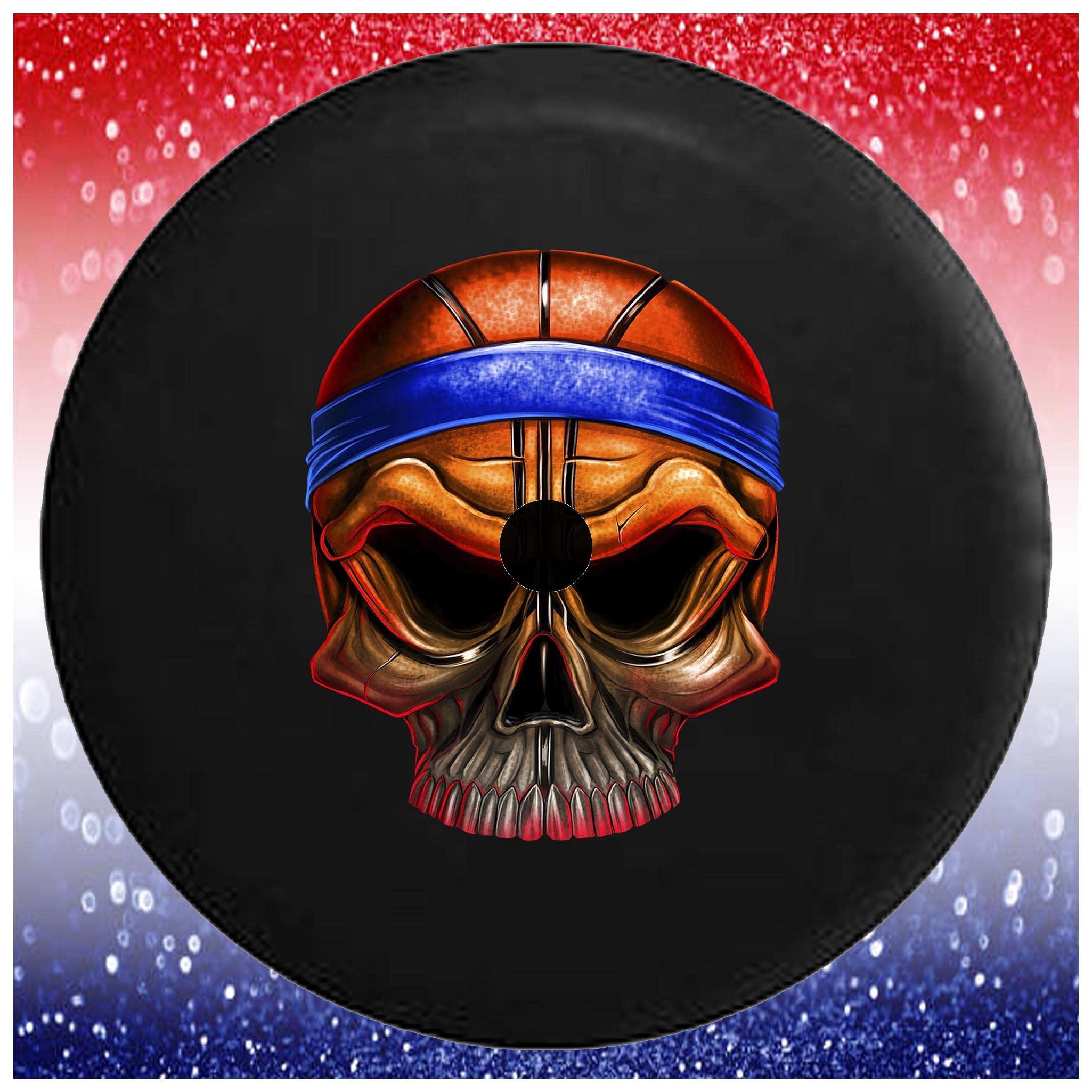 32 Inch Black Basketball Skull Head Spare Tire Cover for Trailers, Trucks, SUVs & RVs - Durable Accessory for Camping & Off-Road Adventures