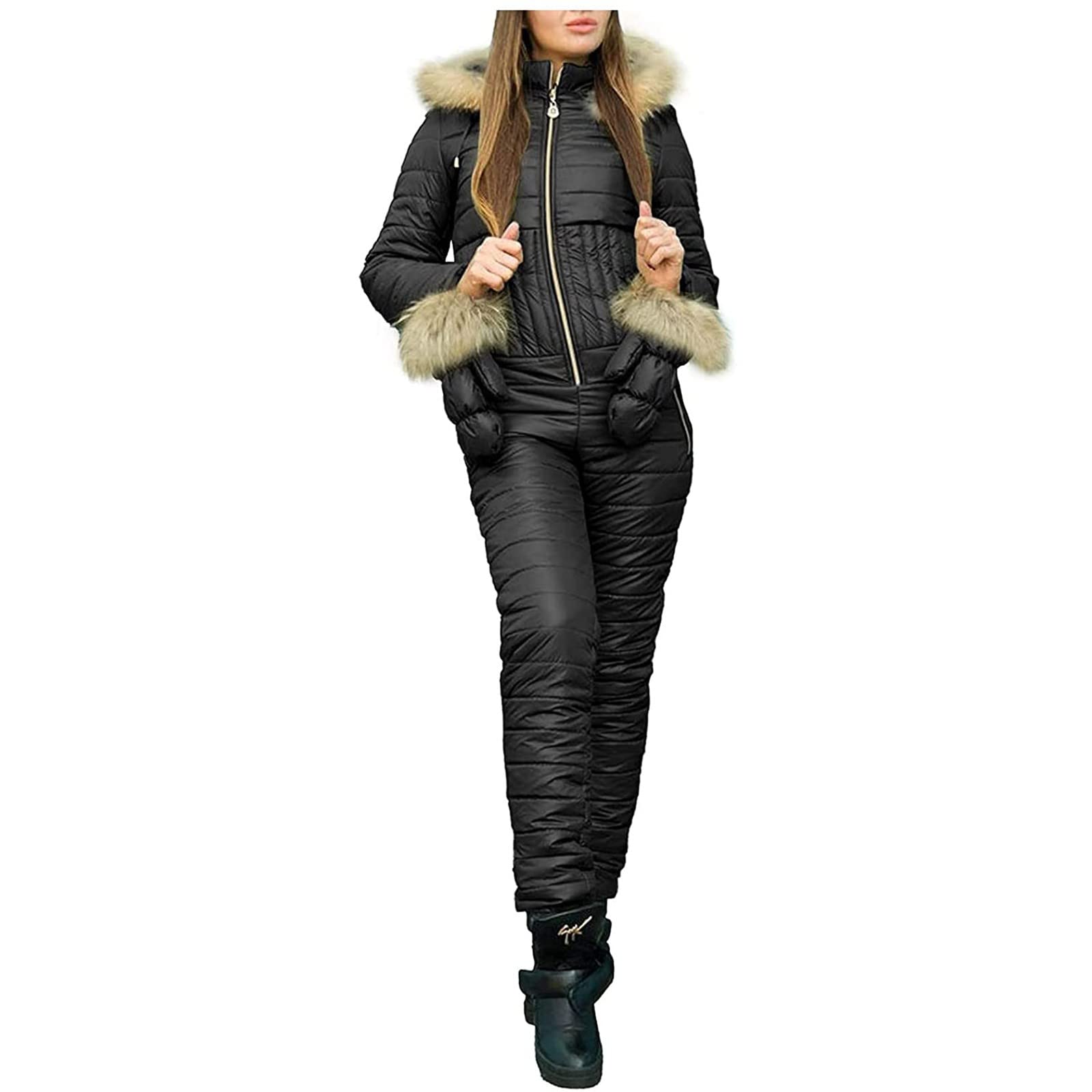 Women's Warm Plush Ski Jacket Set - Fashionable One-Piece Snowsuit with Zipper for Outdoor Winter Sports | Perfect for Skiing, Snowboarding & Cold Weather Activities