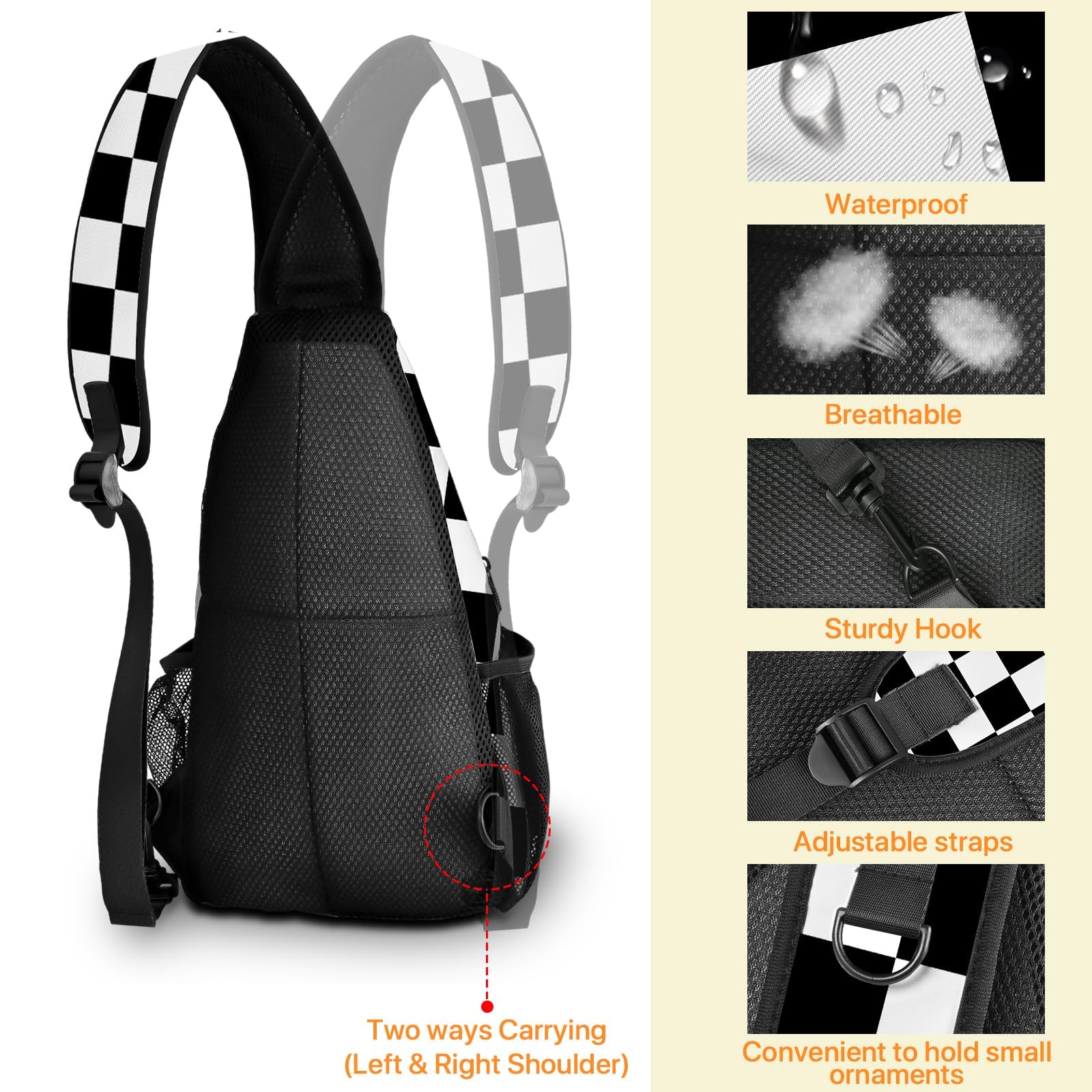 Yrebyou Black & White Checkered Crossbody Sling Bag - Lightweight Chest Backpack for Women & Men - Perfect for Travel, Hiking, Biking, Running & Outdoor Activities - Multipurpose Fashion Shoulder Bag