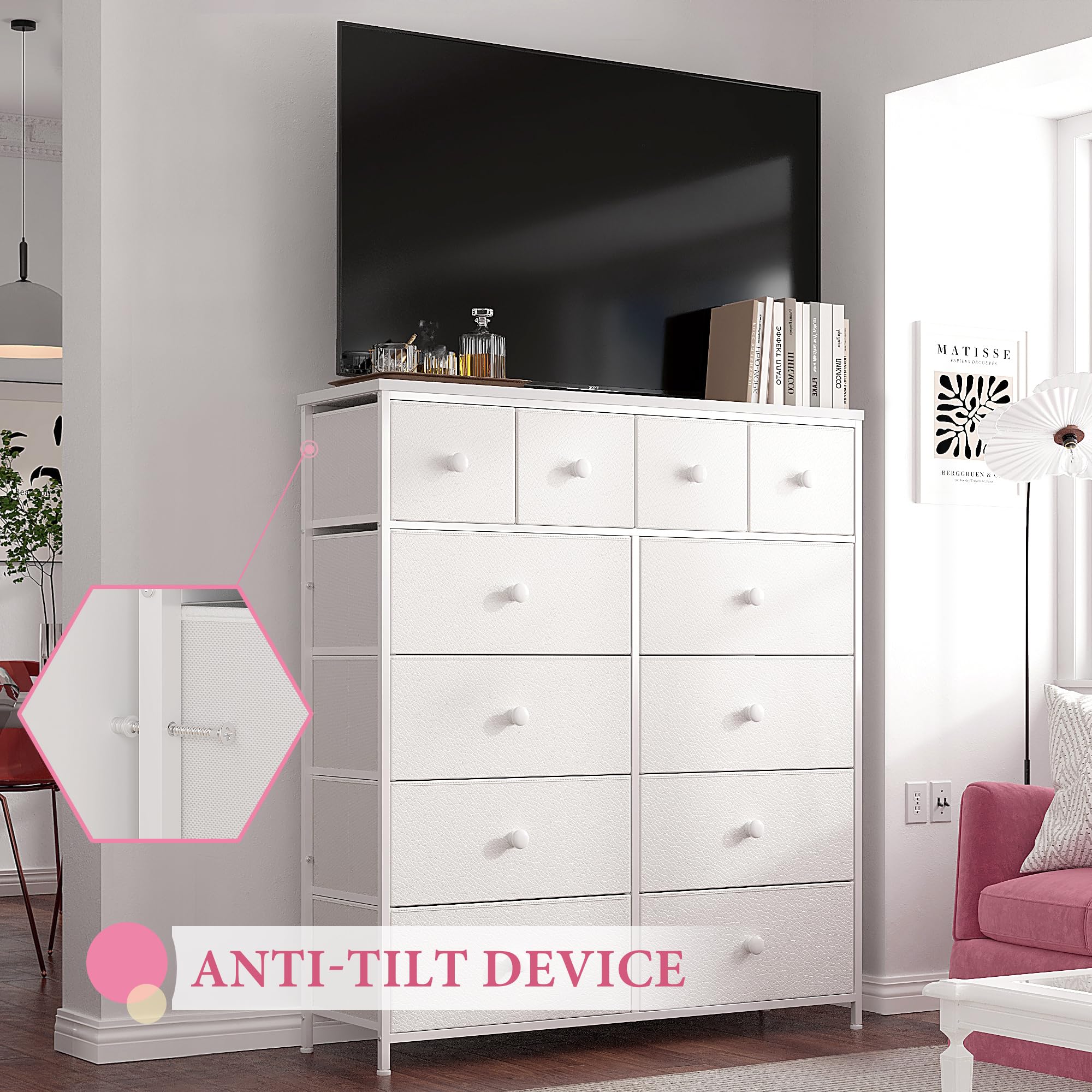 EnHomee 12-Drawer White Dresser for Bedroom - Wood Top & Metal Frame Tall Chest of Drawers - Perfect for Girls Room, Living Room, Hallway & Closet Organization - Ideal for Clothes, Toys & Home Storage