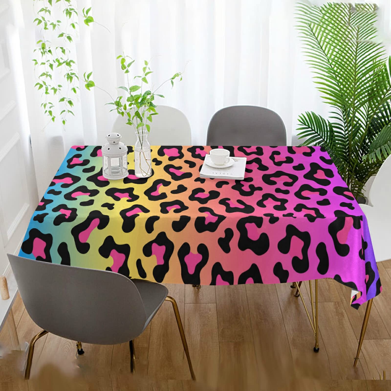 ALAZA Oblong Tablecloths 60 x 108 Inch, Neon Rainbow Leopard Print Party Tablecloth, Durable Dining Room Table Cover for Holidays, Birthdays, and Festive Gatherings