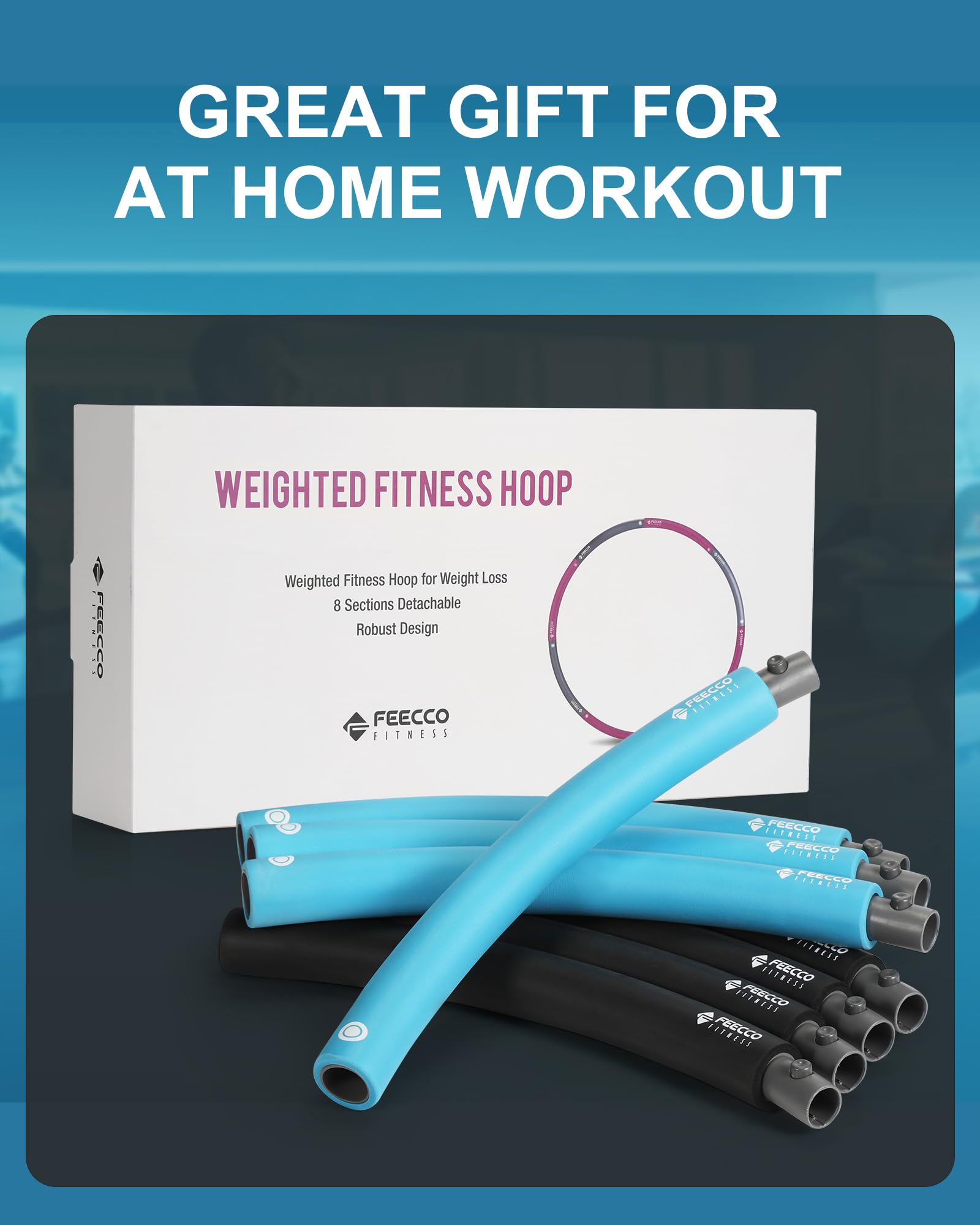 FEECCO Weighted Fitness Hula Hoop - 8 Detachable Sections for Weight Loss & Core Workout - Perfect for Home Gym, Outdoor Exercise & Toning Abs, Waist, Hips - Adjustable Weight for Beginners & Advanced Users