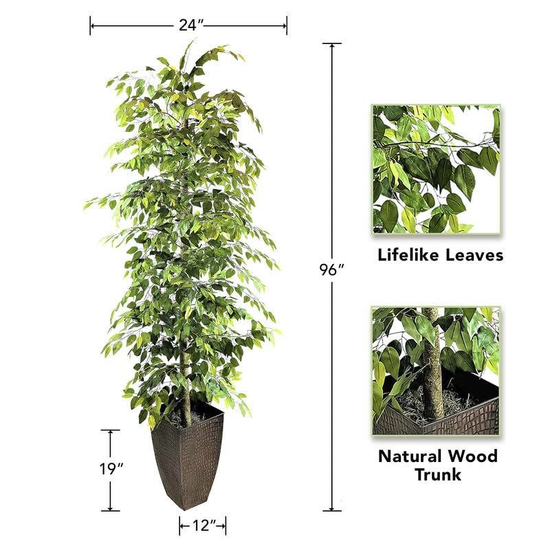 LCG Florals - 8FT Artificial Ficus Tree with Real-Wood Trunk in Copper Metal Pot - Indoor Outdoor Faux Plant for Home, Office, Patio Decor - Perfect for Living Room, Bedroom, Garden & Commercial Spaces
