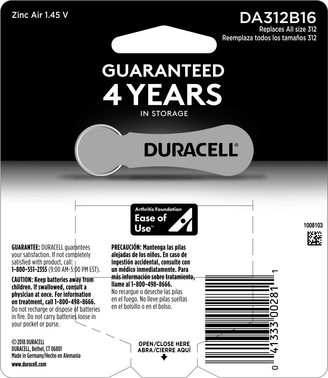 Duracell 312 Size Hearing Aid Batteries - 16 Count Pack | Long-Lasting Power & EasyTab Installation for Hearing Aids | Perfect for Travel, Work & Daily Use