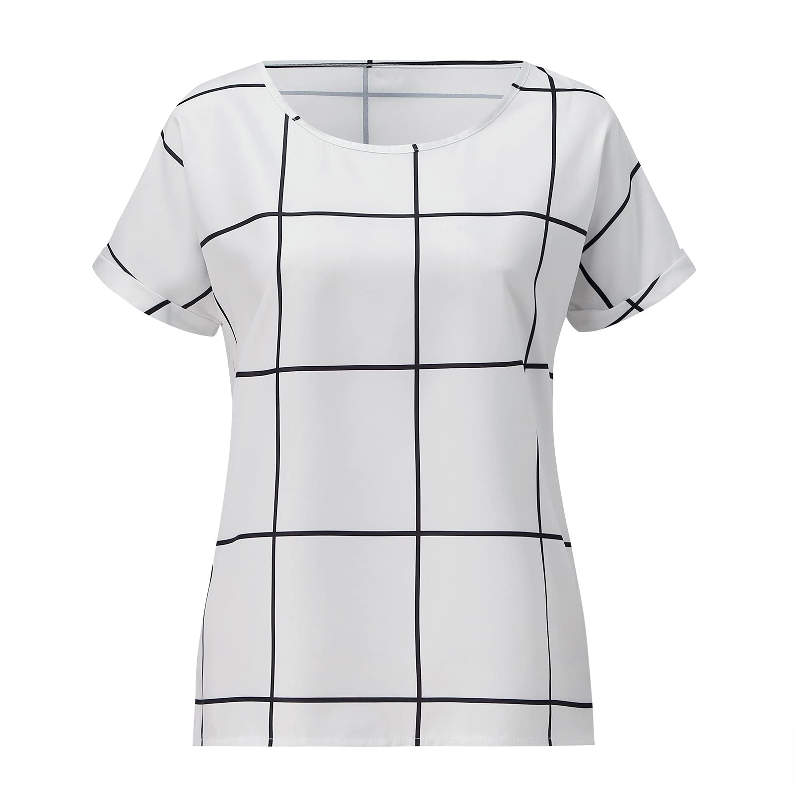 FMCHICO Women's Casual Lattice Print Crewneck Short Sleeve T-Shirt Blouse - Comfortable Summer Top for Daily Wear, Outings & Office Outfits