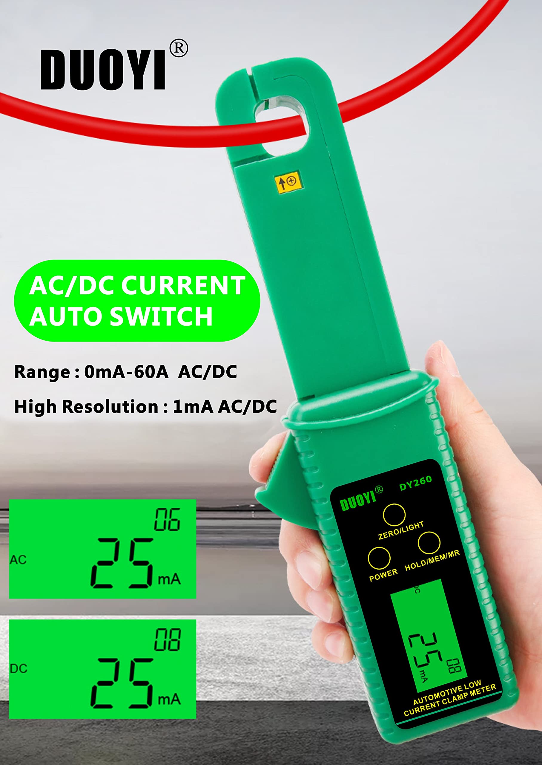 DY260 AC/DC Low Current Clamp Meter - 1mA to 60A Automotive Battery Leak Tester | Perfect for Car Battery Maintenance, Electrical Diagnostics & HVAC Systems