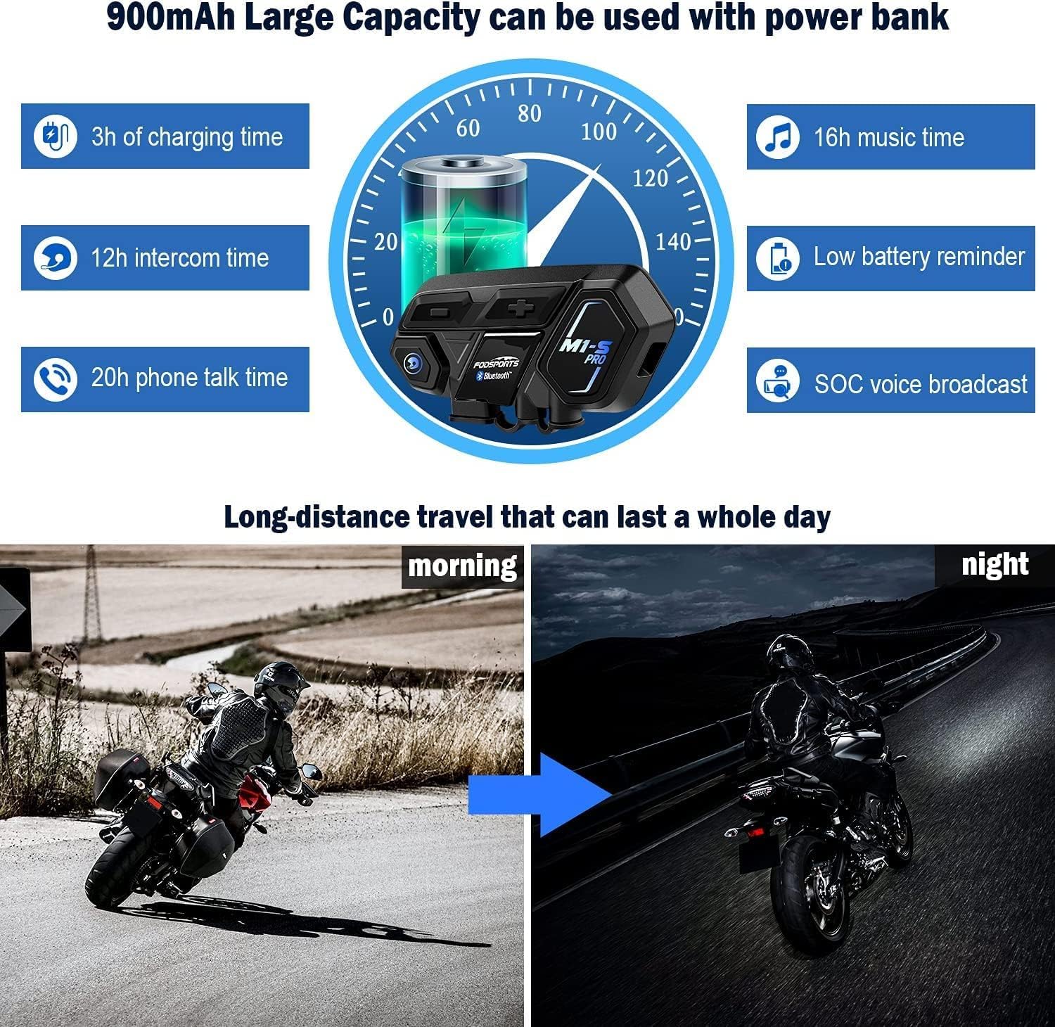 FODSPORTS M1S Pro Motorcycle Bluetooth Intercom - 2000m Range, 8 Rider Group Chat, Waterproof Helmet Communication System with Music Sharing, GPS, Hands-Free & Dual Mic (Ideal for Group Rides, Touring & Adventure Motorcycling)