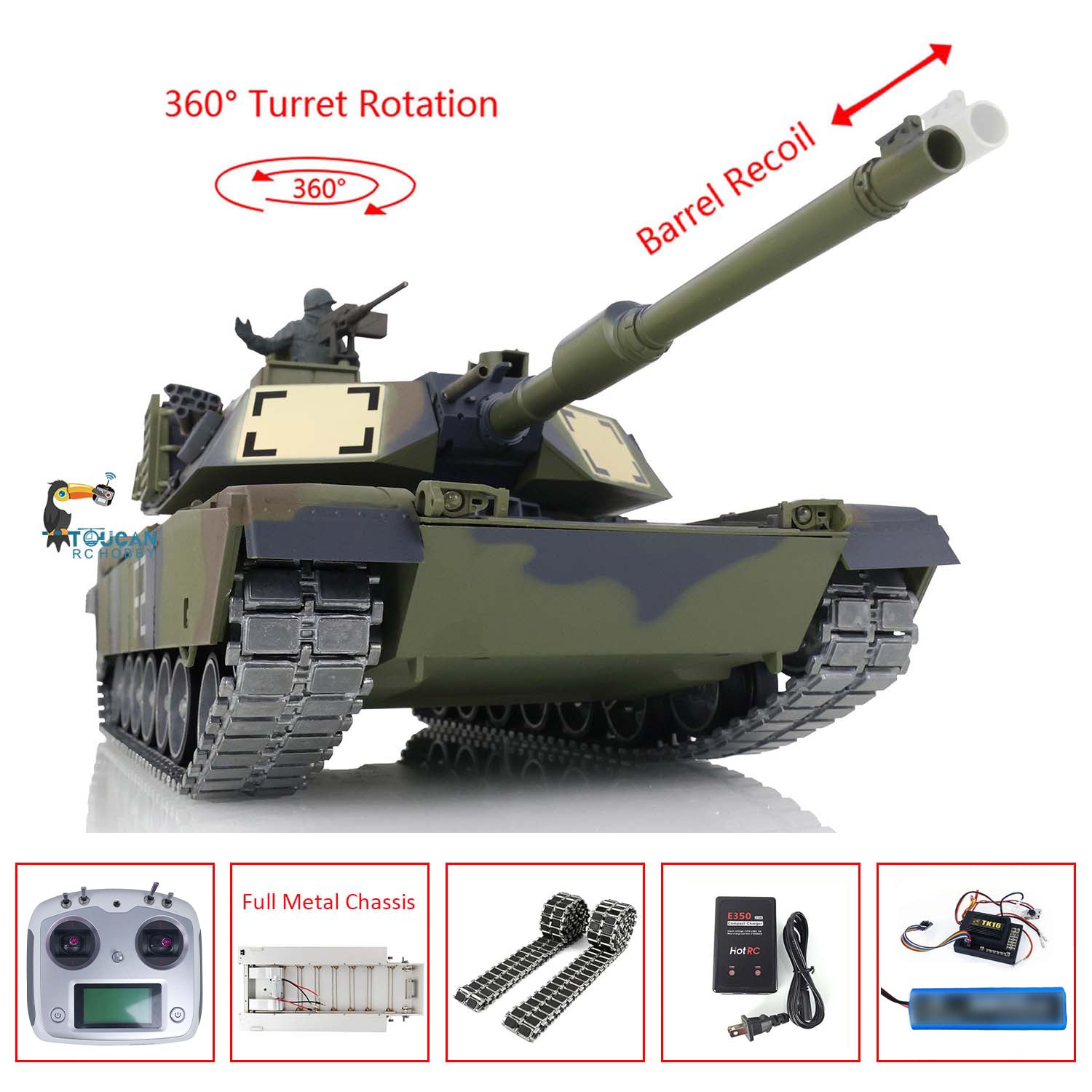 Heng Long 1/16 Scale RTR RC Tank - M1A2 Abrams Full Metal Painted Chassis with TK16 Mainboard, IR Battle System, Smoke & Sound Effects, 360° Rotating Turret - Perfect for Military Enthusiasts & RC Hobbyists (Model 3918)
