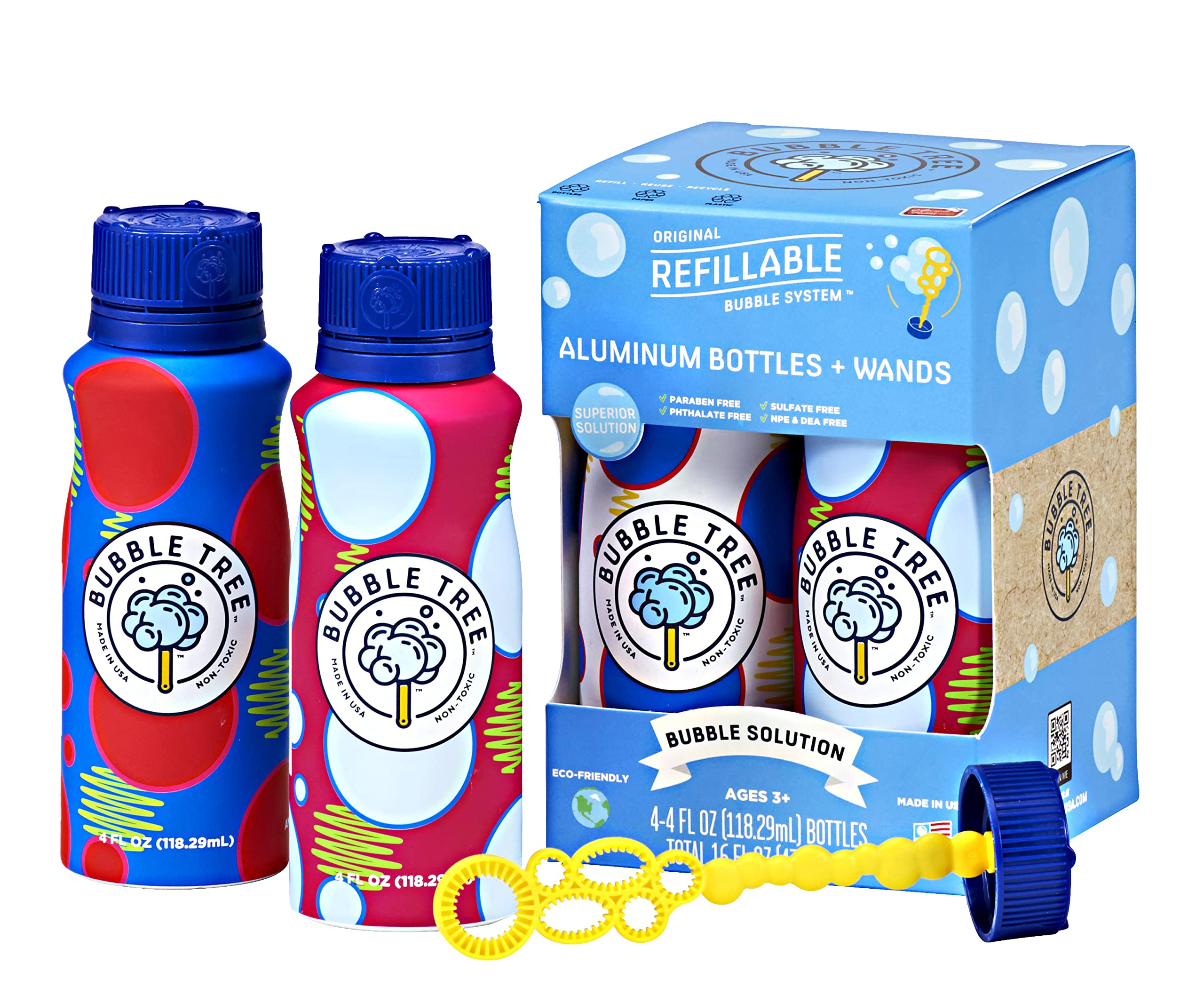 Eco-Friendly Bubble Tree Refillable Bubble Blowing Kit - 4 Pack of USA-Made Bubble Solution with Aluminum Bottles | Perfect for Outdoor Play, Birthday Parties & Kids' Activities