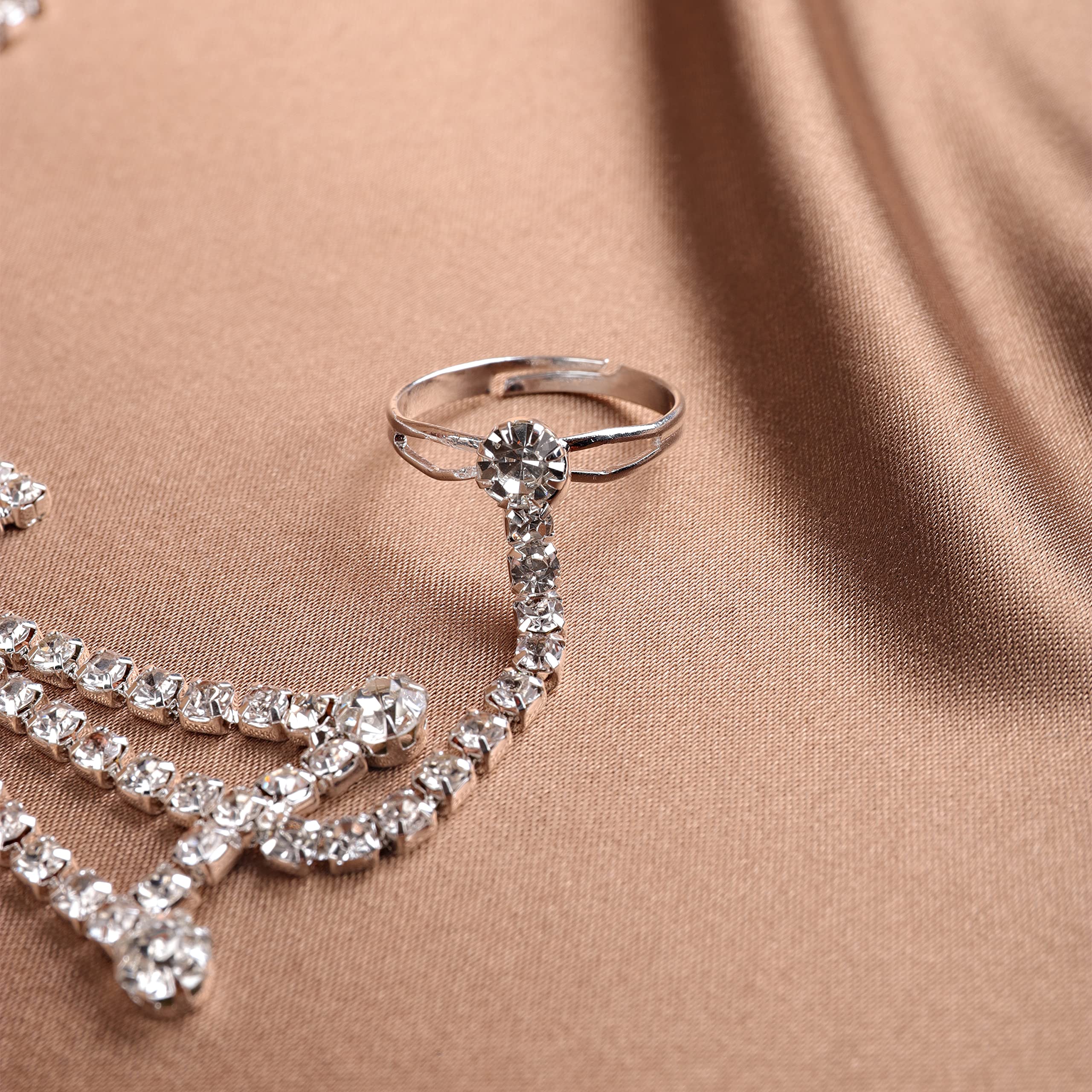 Elegant Rhinestone Butterfly Bridal Bracelet - Adjustable Silver & Gold Crystal Wedding Hand Harness Bangle with Finger Rings - Women's Jewelry Accessories for Bridal Shower, Wedding, Party & Special Occasions