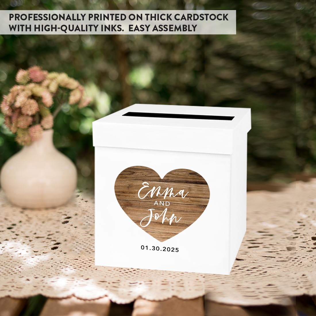 Custom Wedding Card Box 10x10x10 - Rustic Heart Gift Box for Wedding Day