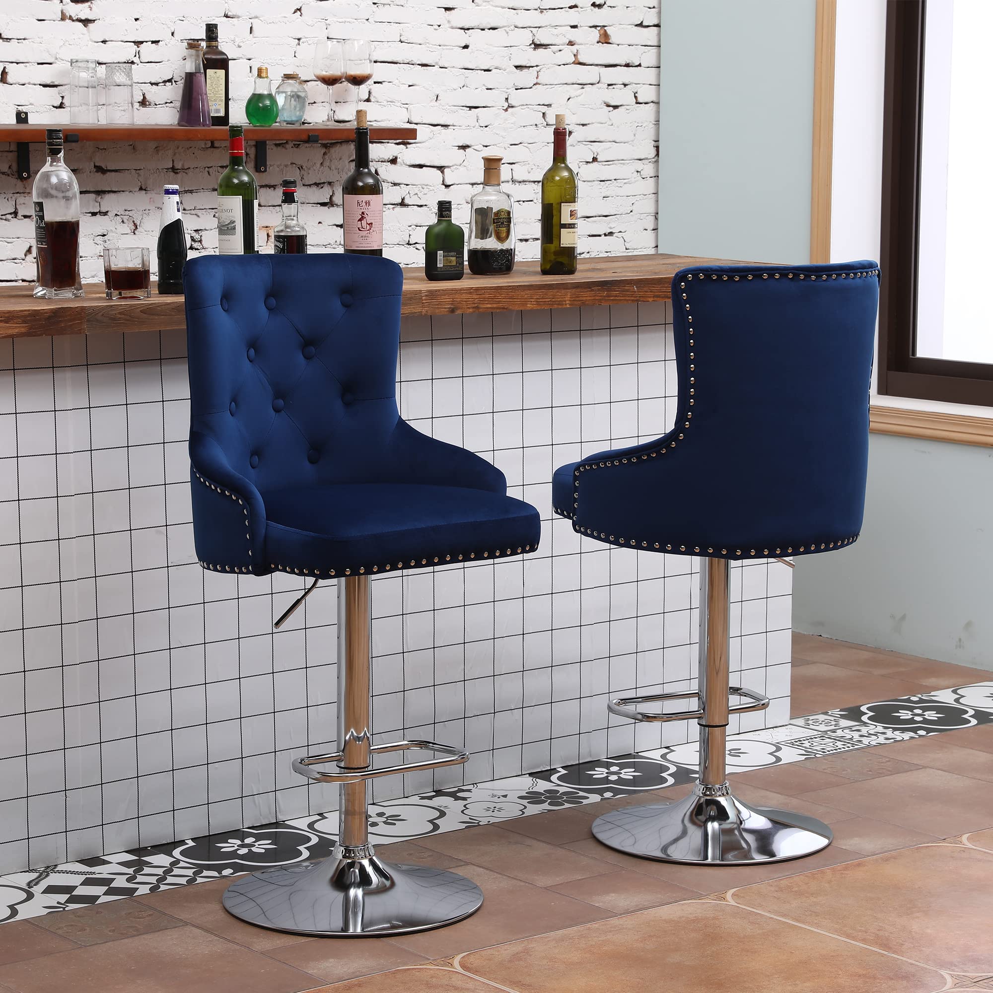 Swivel Bar Stools Set of 2 - Adjustable Height Counter Stools with Velvet Upholstery & Polished Chrome Metal Base - Modern Kitchen Island Stools for Breakfast Bar, Home Bar, or Dining Area (Blue)