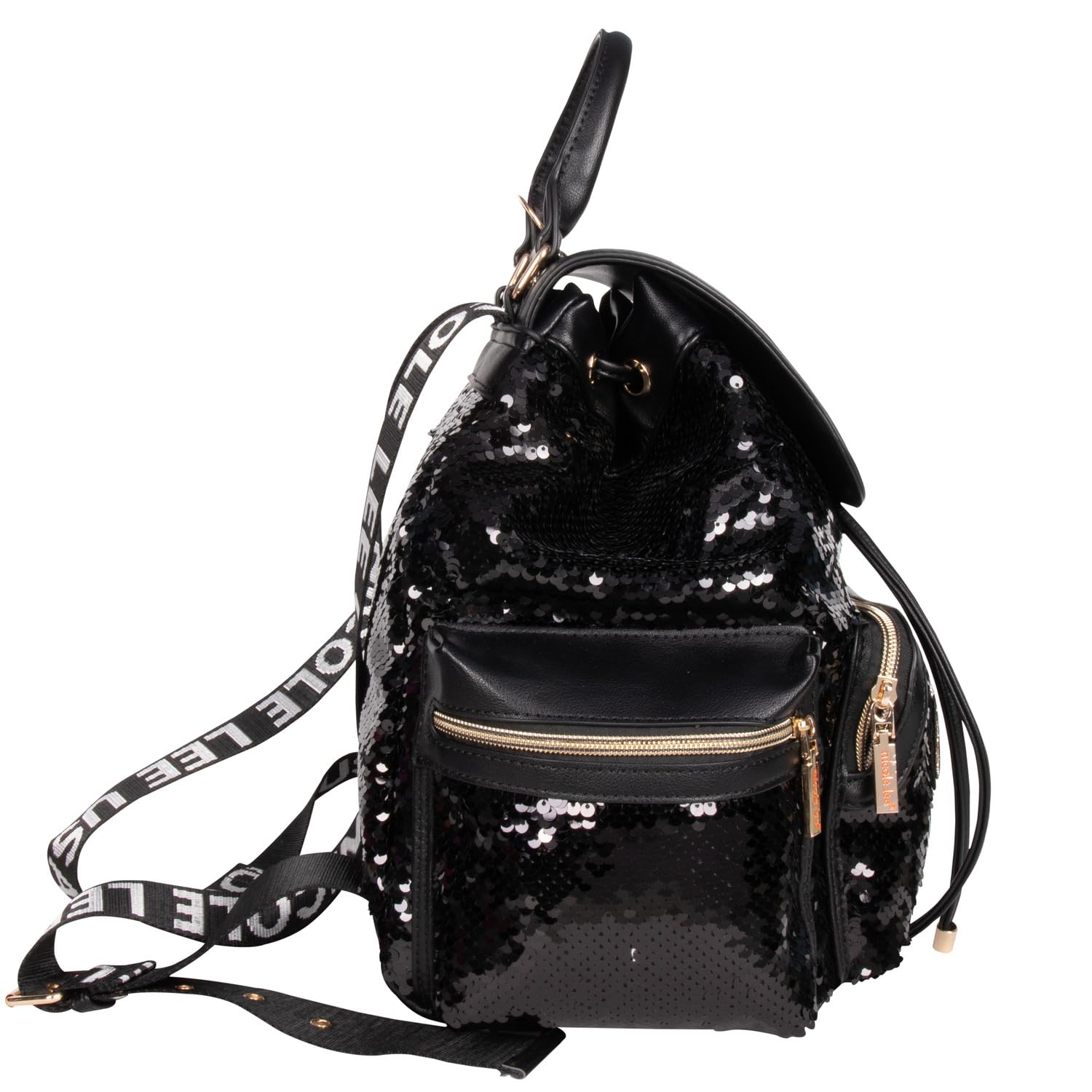Nicole Lee Sequin Patch Backpack for Women - Medium Size with Drawstring Closure, Multiple Pockets & Adjustable Shoulder Straps - Black | Perfect for School, Travel, Work & Everyday Use