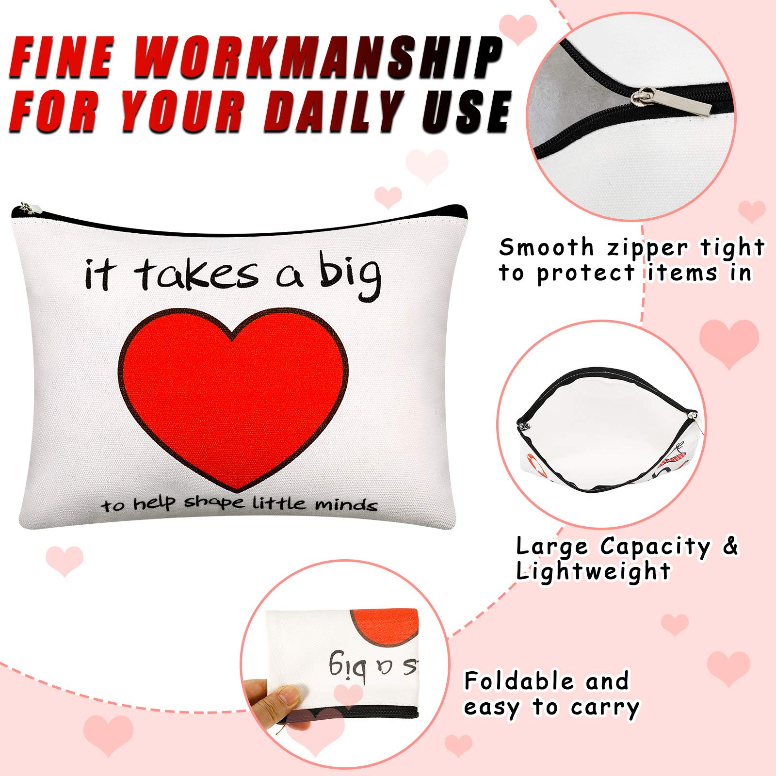 4pc Teacher Makeup Bags - Heart Cotton Pouch for Women, Graduation & Christmas Gifts